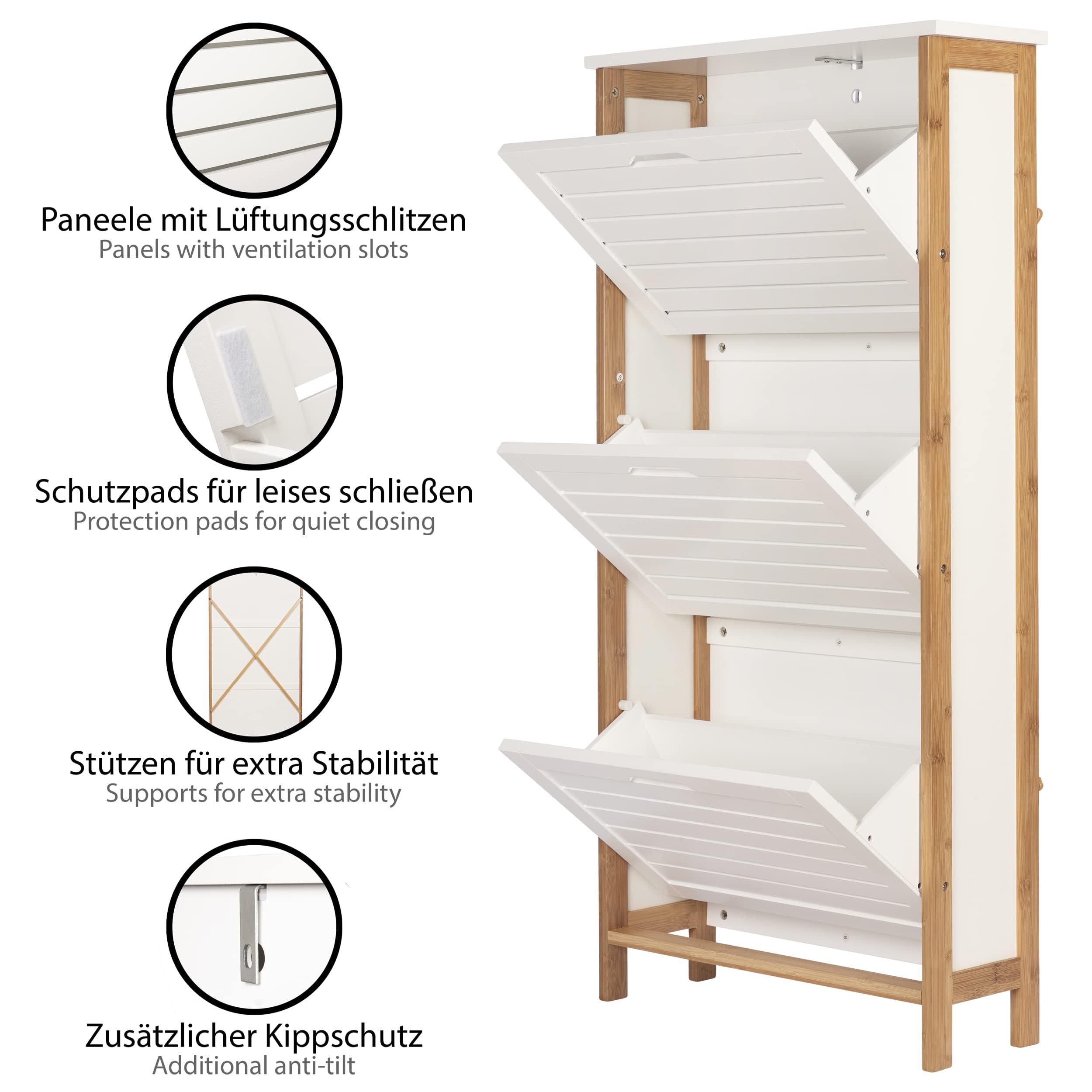 ONVAYA® Bambus Schuhkipper in Weiß | Platzsparender Schuhkipper mit 3 Klappen | Schmaler Schuhschrank mit Platz für 9 Paar Schuhe | Robustes Material mit Aussparungen für Luftzirkulation