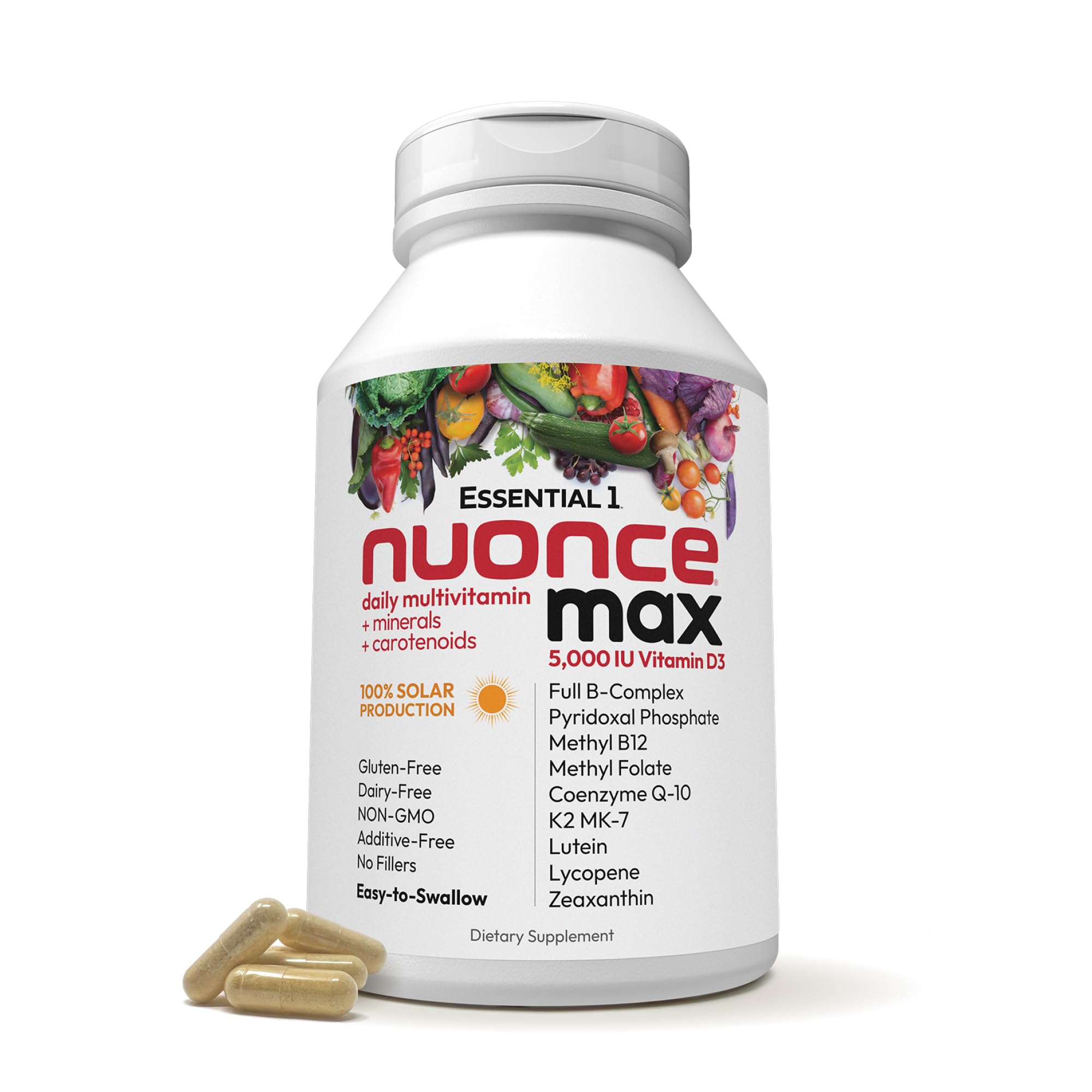 ANDREW LESSMAN Essential-1 nuonce max Multivitamin 5000 IU Vitamin D3 60 Small Capsules. 100 mcg Methyl B12. CoQ10 Lutein Lycopene Zeaxanthin. High Potency. No Additives. Ultra-Mild One Daily Capsule
