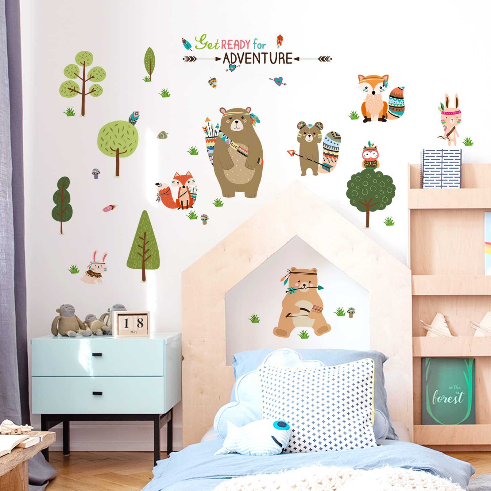 Stickers Muraux Decalmile - Animaux Forêt Roses (Éléphant, Girafe, Ours) - Déco Chambre Enfant - 30x90cm