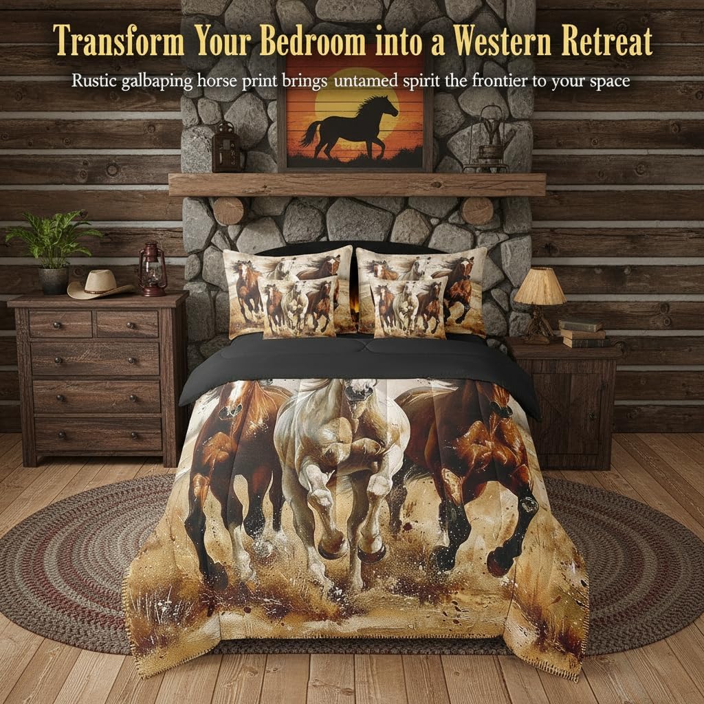 Erosebridal Horse 7 Piece Comforter Twin Size for Kids Boys Western Cowboy Horse Sheet Set Bed in A Bag 3D Printed Wildlife Wild West Country Rustic Cabin Desert Bed Set