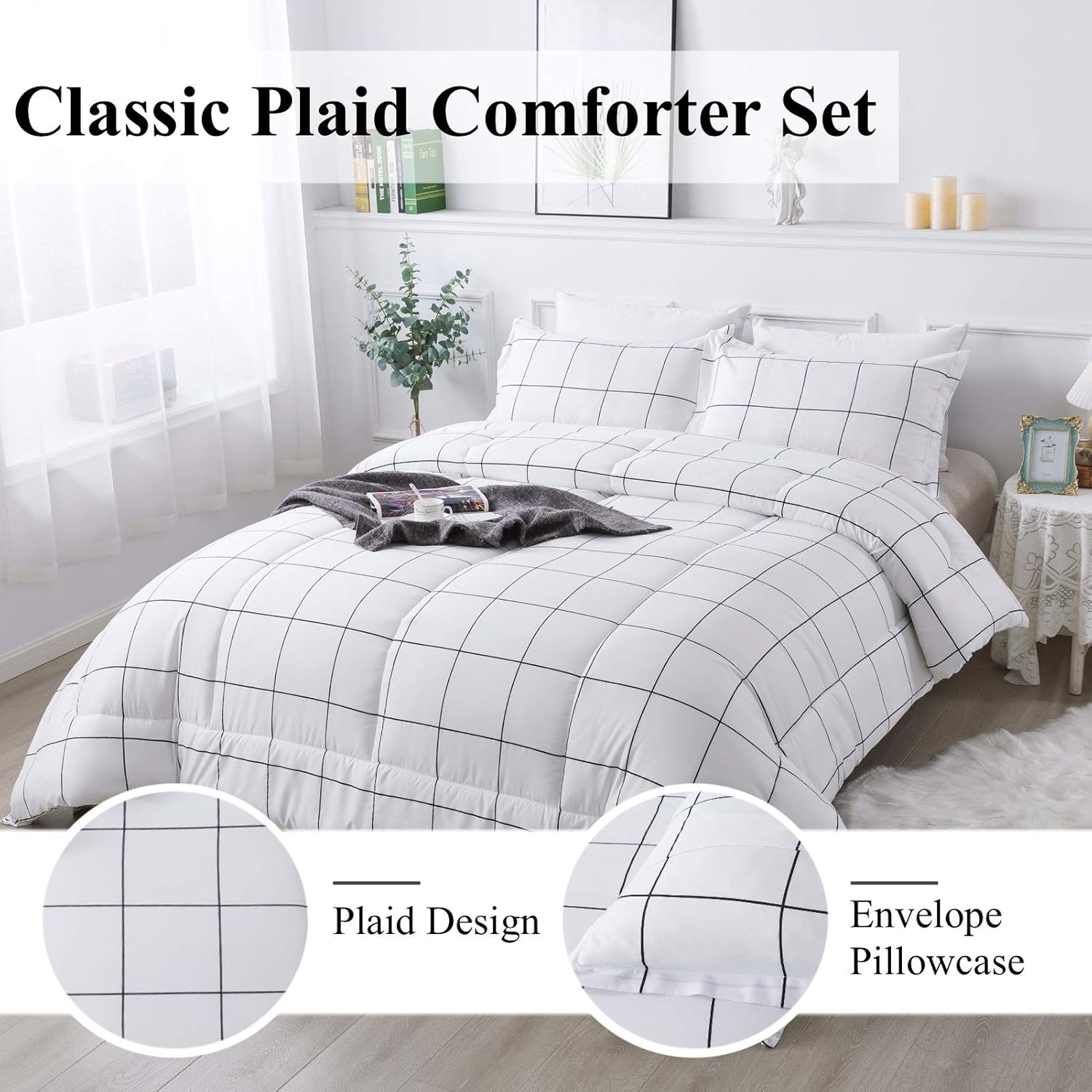 Andency White Grid Comforter Set Twin/Twin XL(66x90Inch), 2 Pieces (1 Plaid Comforter and 1 Pillowcase) White Plaid Comforter Set, Lightweight Polyester Gingham Geometric Comforter Bedding Set