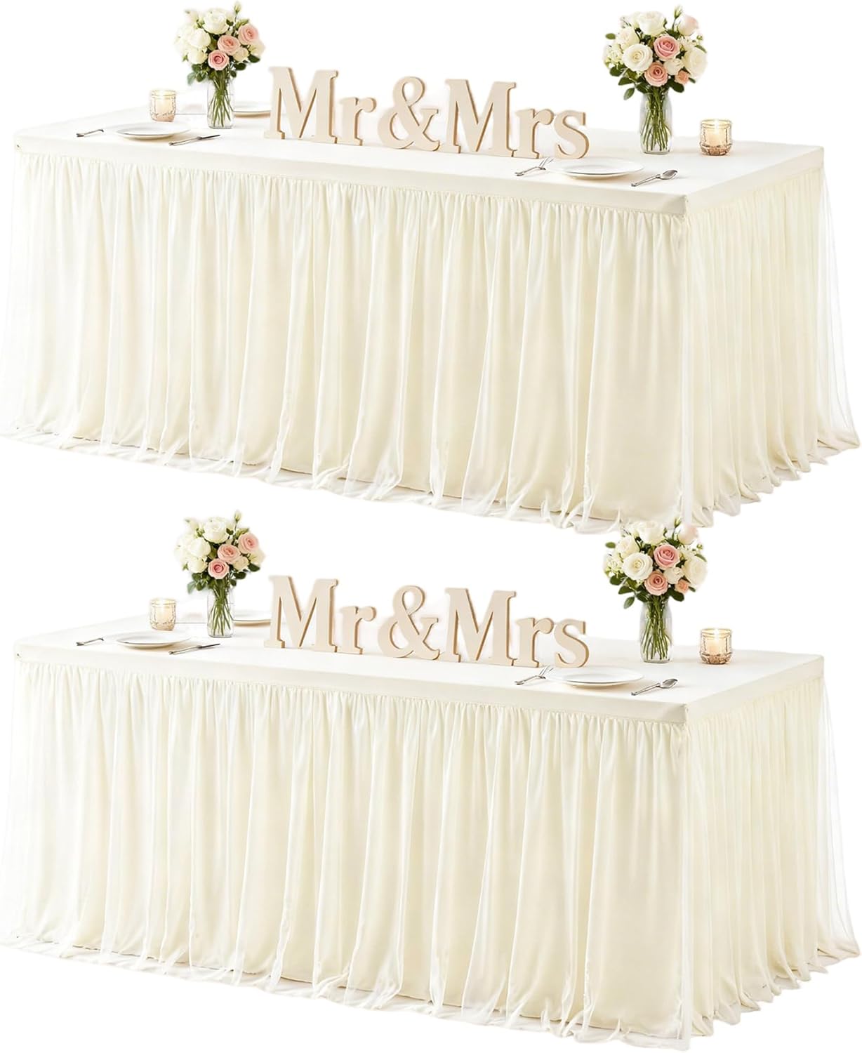 HB HBB MAGIC Ivory Table Cloth Spandex Table Covers 6ft Fitted Tulle Tablecloth Rectangular Desk Skirt Stretch Cream Table Cloths Covers Party Banquet Birthday Baby Shower Wedding Table Cloth, 2 Pack
