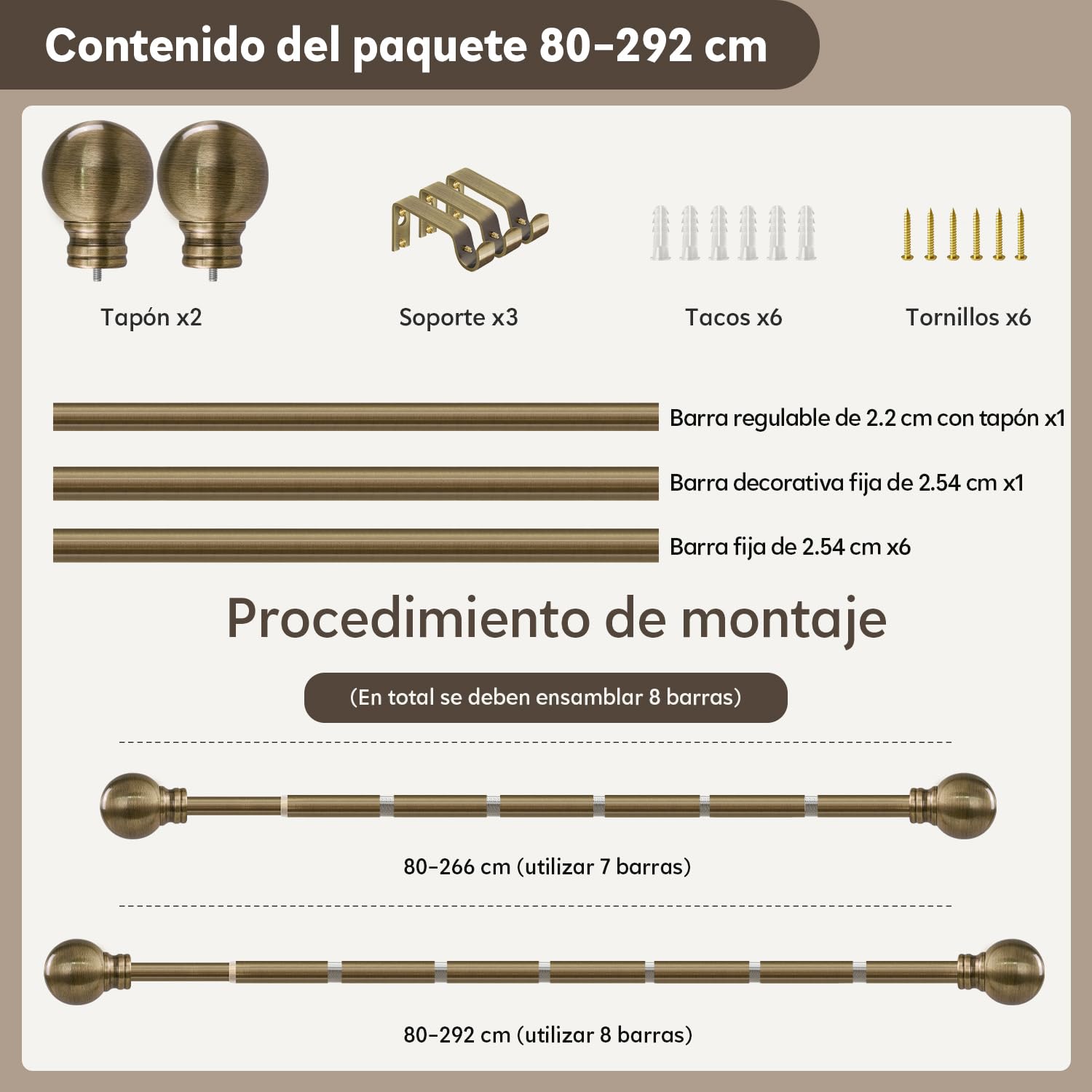 Tringle à Rideau Extensible Bronze 80–292 Cm,Style Rétro Chic | DiamèTre 25 Mm,Tube rigide, supporte les rideaux occultants lourds,Adapté Pour Chambre,Salon Et Tous Types De FenêTres