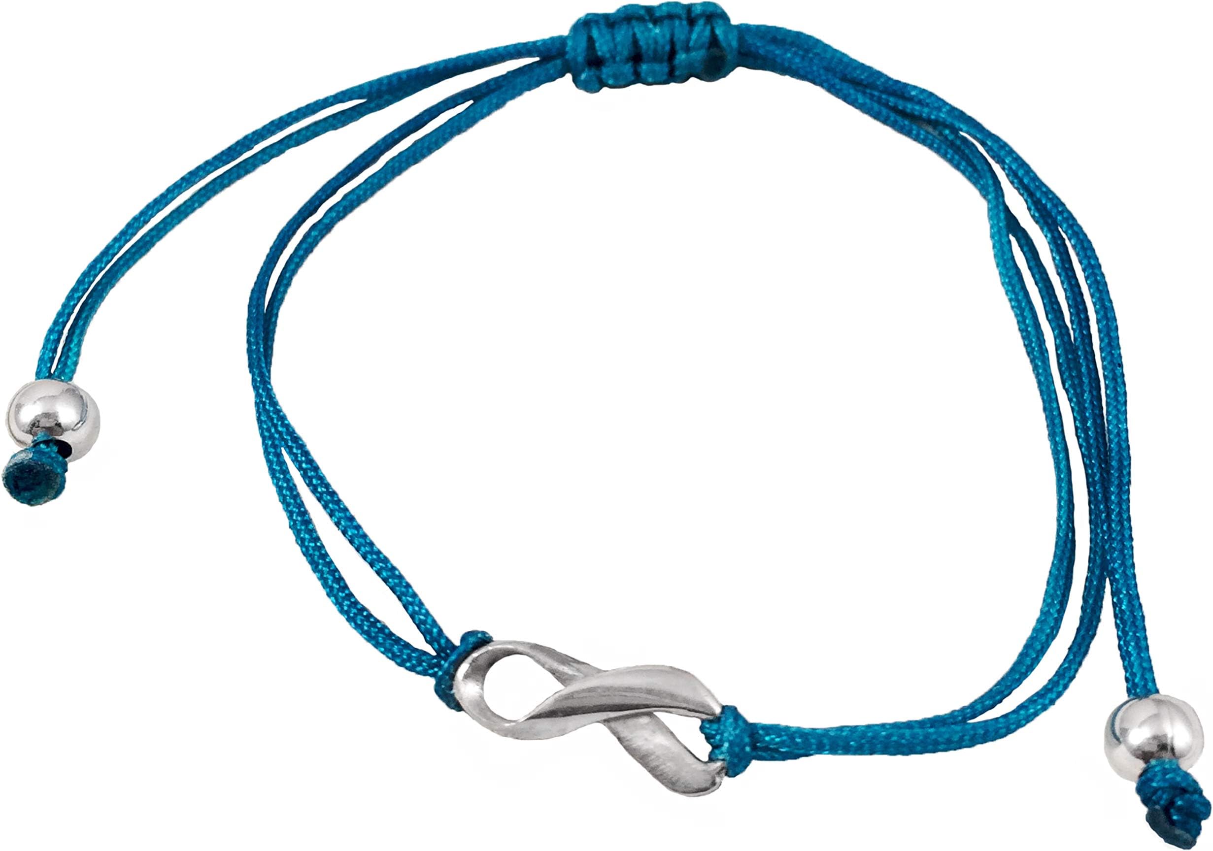 Teal Thread Friendship Support Bracelet, April Sexual Assualt Awareness SAAM, Small Sterling Silver Ribbon Shaped Charm. Aware for Ovarian Cervical Uterine Cancer. Adjustable Pull String