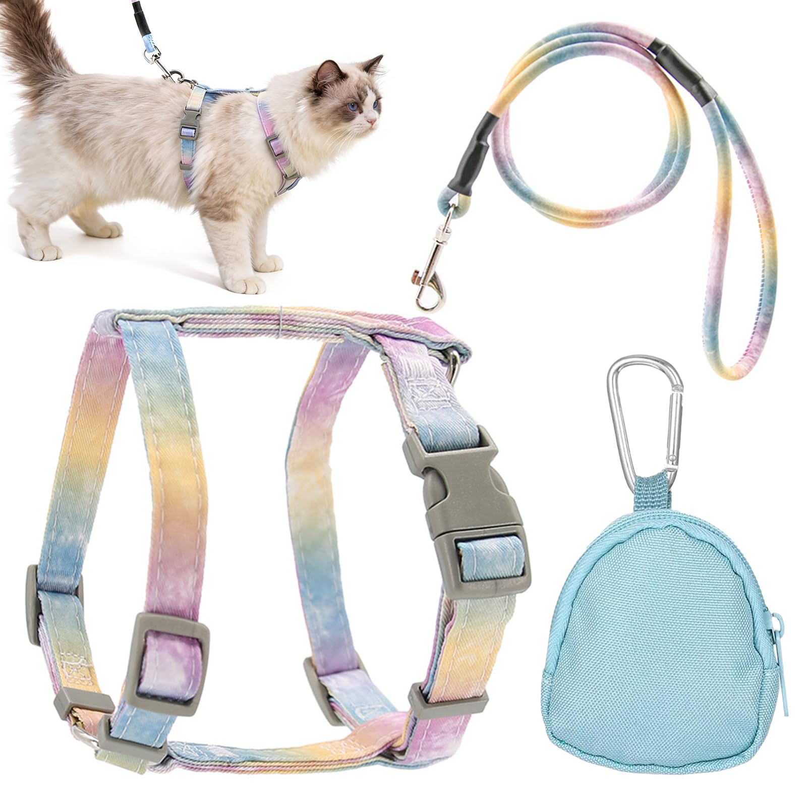 3Pcs Cat Harness and Lead Set, Colorful Cat Harness Escape Proof, Blue Mini Storage Bag for Pet Snacks, Small Items, Adjustable Kitten Harnesses for Outdoor Walking, Training Equipment, Daily Exercise