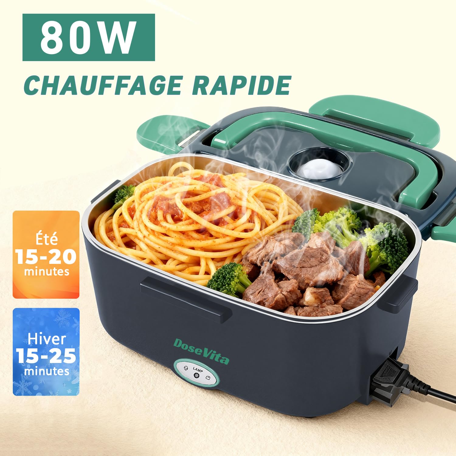Dosevita Gamelle Chauffante 80W 1,5L - Boîte Repas Chauffante 3 En 1 12V/24V/220V Pour Voiture, Camion & Bureau