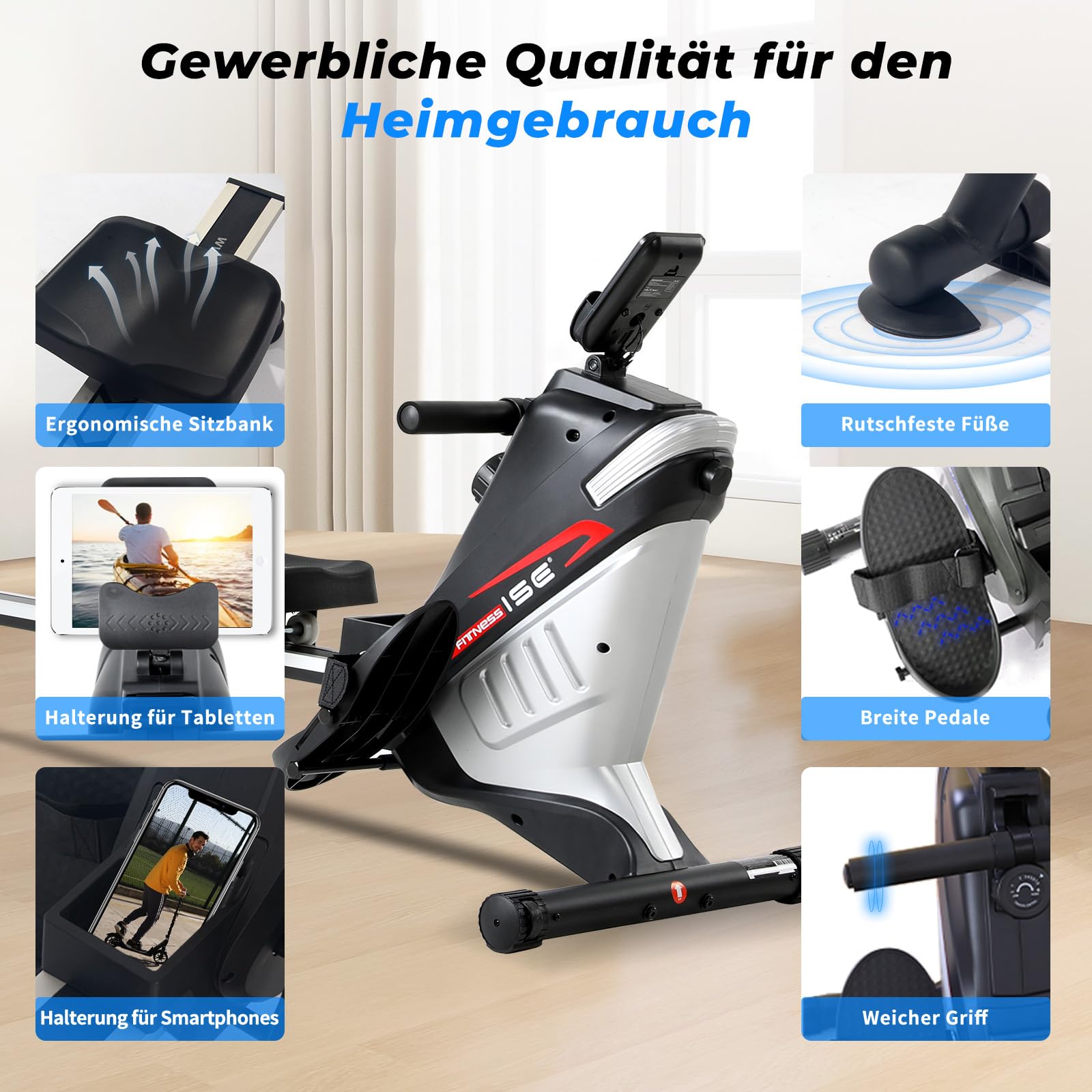 ISE Rudergerät für Zuhause, Magnetisches rudergerät mit APP & LCD-Display & 8 Widerstandsstufen, Magnetisches Rudergerät,Leise Rudermaschine für Cardio-Training,Indoor-Gerät für das Home-Gym