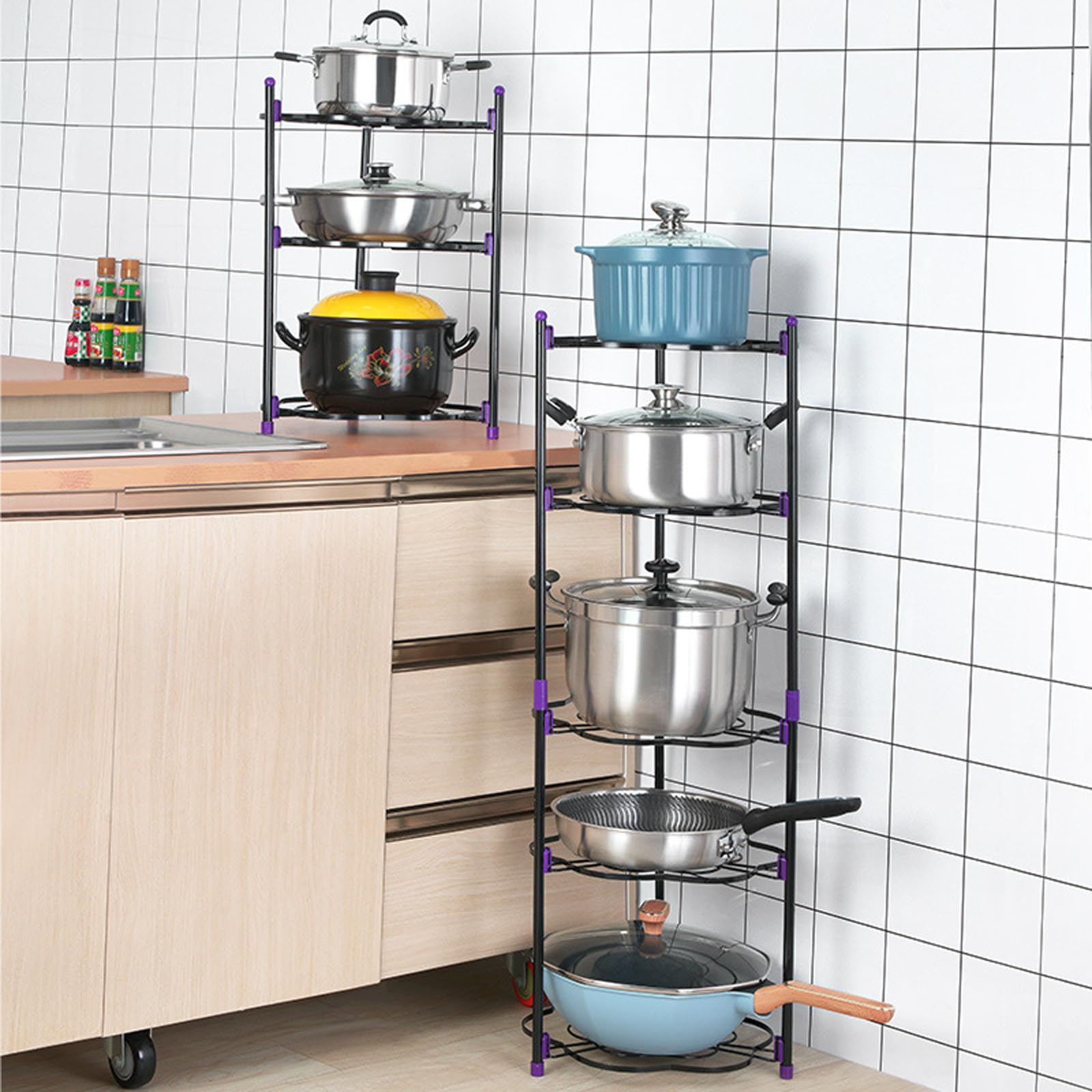 Organizador de ollas y sartenes: Almacenamiento de pie para ollas, sartenes y Tapas. Organizador de Armario para Utensilios de Cocina, solución Que Ahorra Espacio para artículos Esenciales d