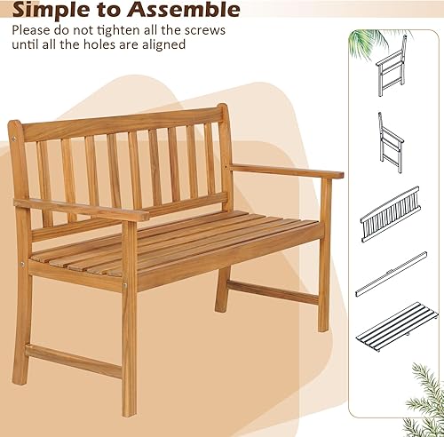 Miniatura 9 de Tangkula Banco de madera de acacia para exteriores, banco de jardín para 2 personas con respaldo y reposabrazos, banco de jardín con asiento de