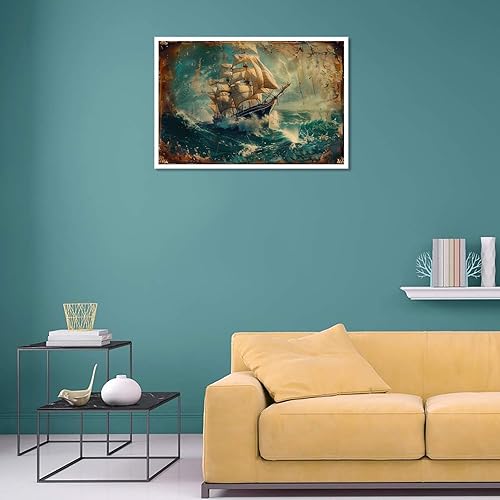 Miniatura 7 de Póster retro de barco pirata oceánico, velero marino, paisaje marino, arte de pared, velero sobre las olas, pintura para baño, dormitorio, oficina,