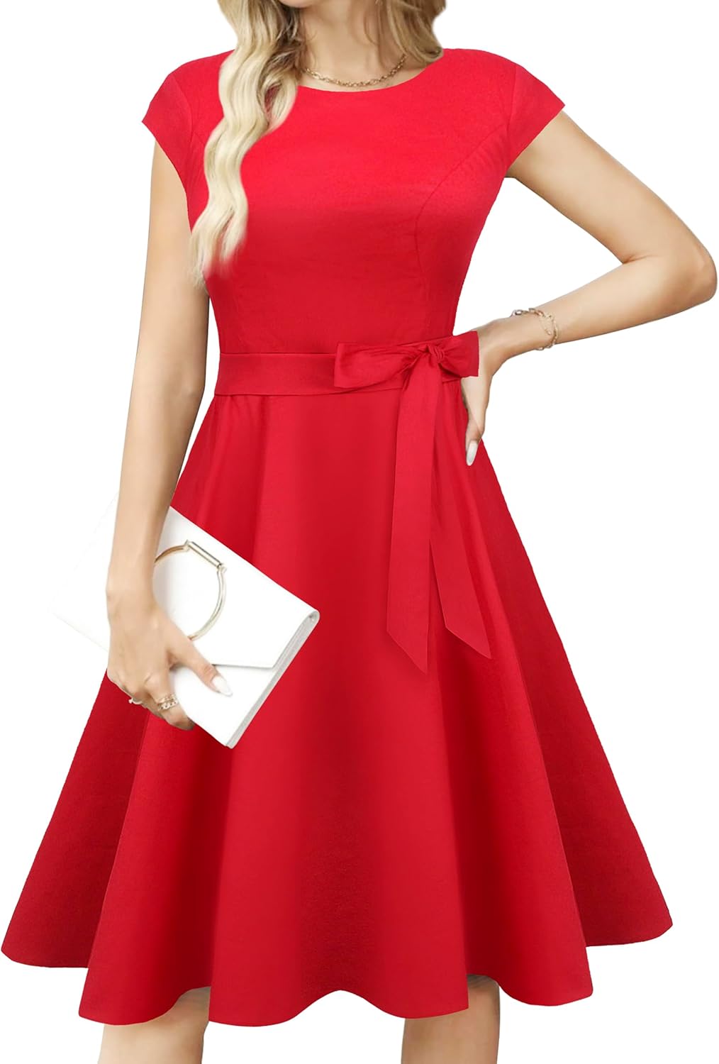 tagunop Women's Cocktail Dresses Vintage 1950s Retro Boatneck Cap Sleeve Dress with Pockets