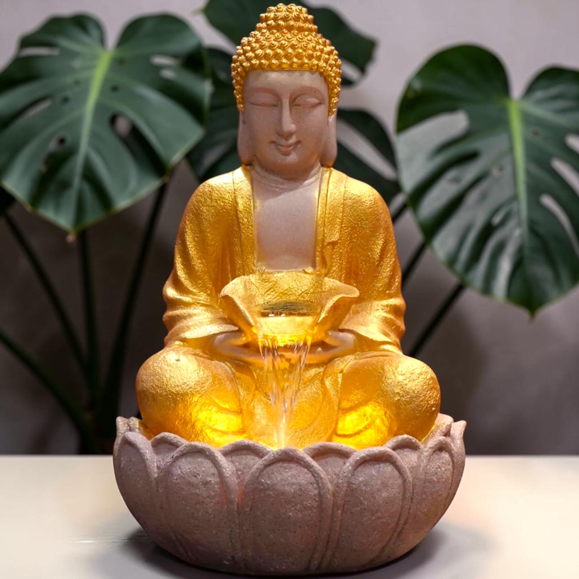 G - Creations : Buddha Waterfall Fountain, Golden & Beige, Fibreglass, 2 Feet Height, Water Feature with Lotus Base, Corded Electric for Home | Office | Outdoor| Indoor and Porch Area-image-18