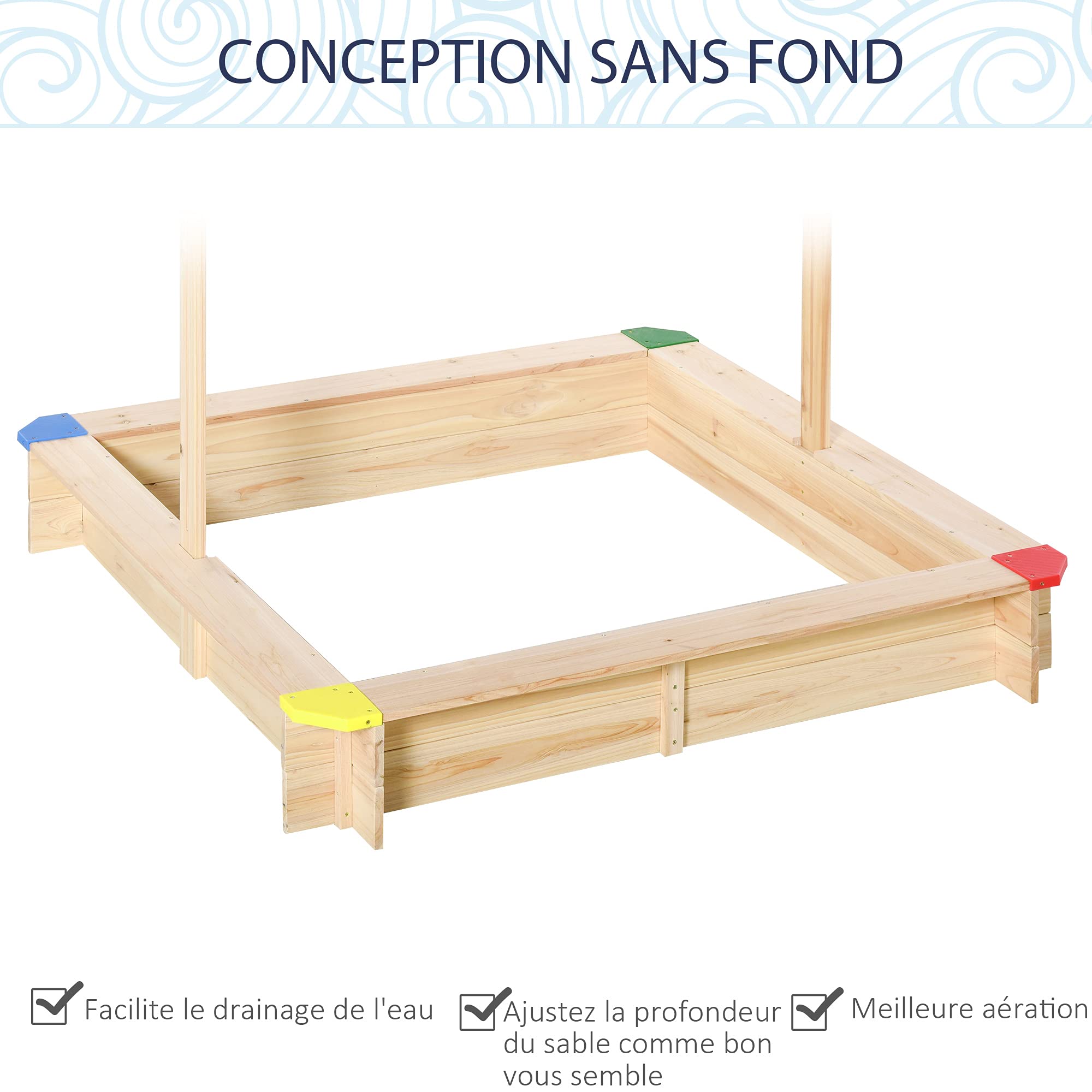 Outsunny Bac à Sable Bois carré avec Couvercle dim. 1,2L x 1,2l x 1,2H m - Hauteur et Inclinaison Toit réglables - Bois Naturel de pin
