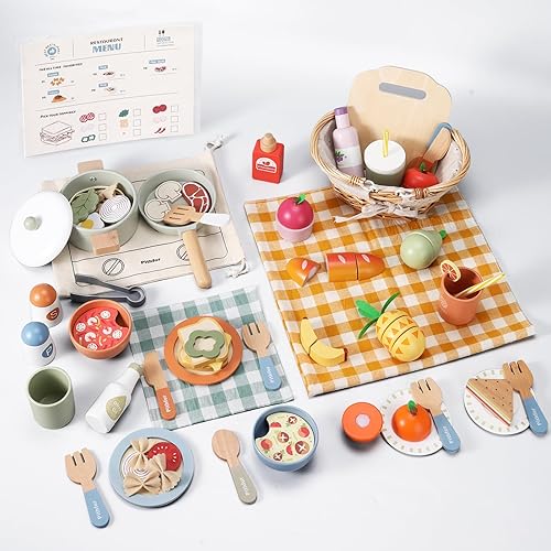 Juego de cocina de madera y juego de picnic, accesorios de cocina de juguete, juego de comida de madera para niños pequeños, regalos para niñas de
