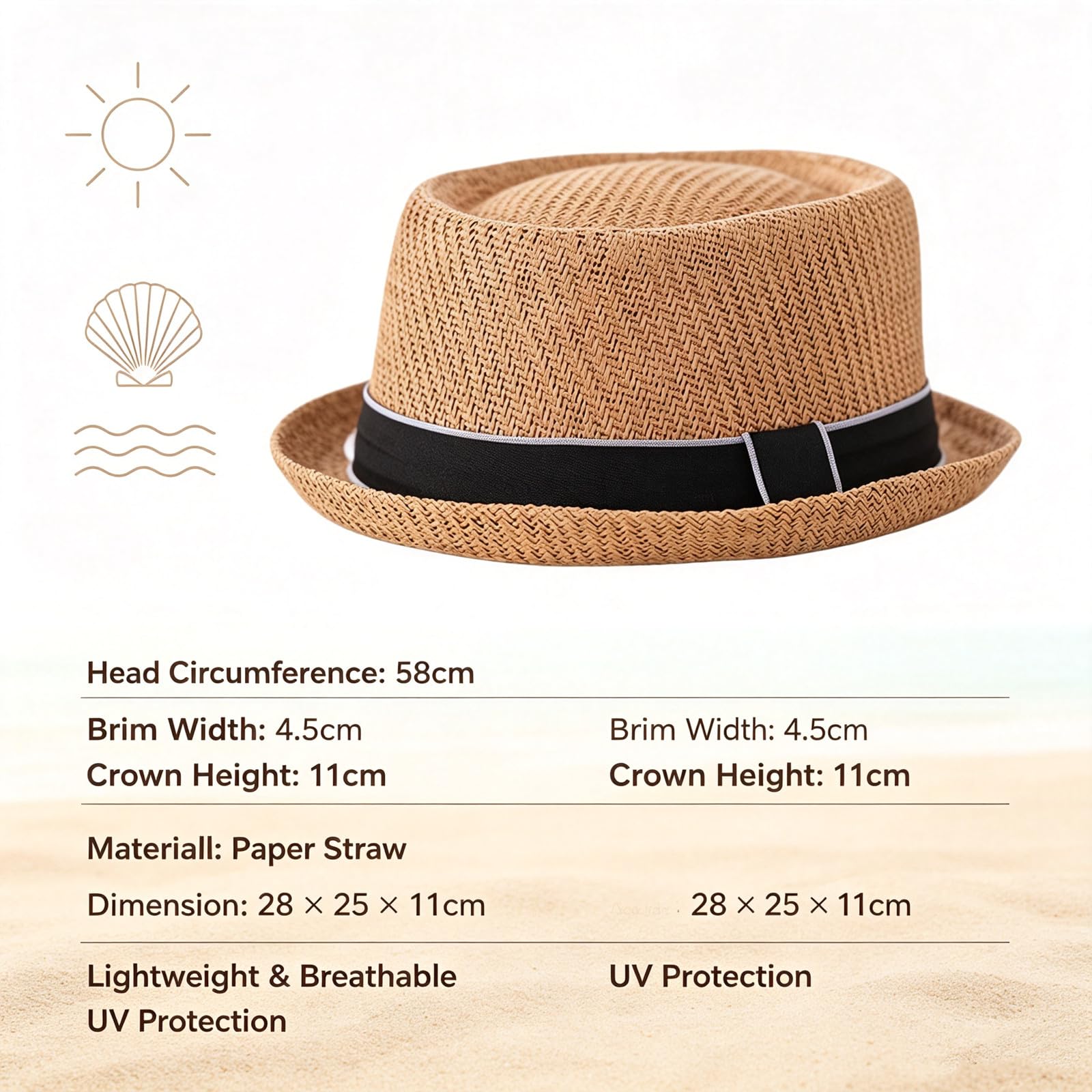 HEYANN Pork Pie Chapeau de paille pour homme Pork Pie Fedora 58 cm Chapeau d'été pour hommes et femmes, bowler plat protection solaire chapeau classique