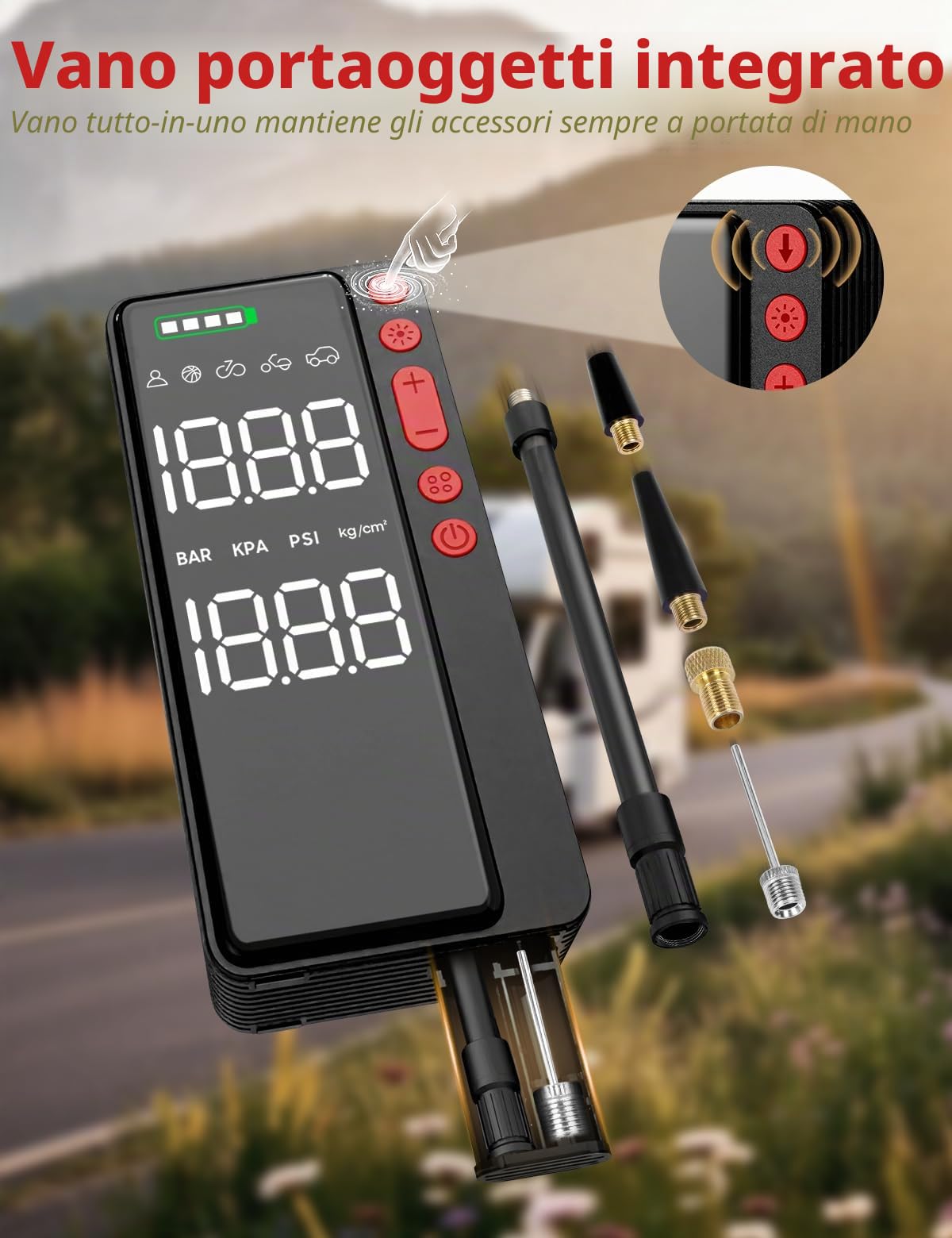 Demkia Compressore Aria Portatile, 10000mAh Mini Compressore Aria Auto 150 PSI Gonfiatore Elettrico a Batteria con Tutte Le Valvole, Luce LED per Auto, Moto, Bicicletta, Palla