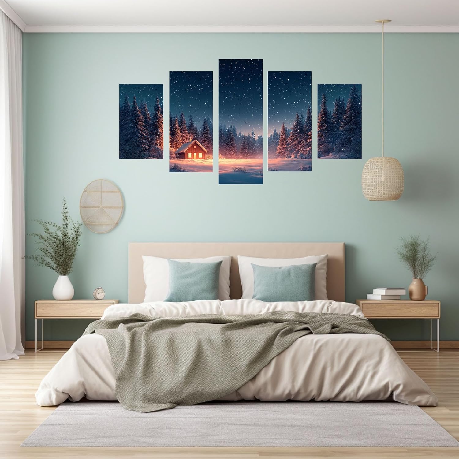 JOSUE 冬の湖畔 5 枚組 キャンバス 装飾アート 星空の木 絵画 壁掛け植物の壁の風景写真を絵画 ポスター キャンバス 、家の