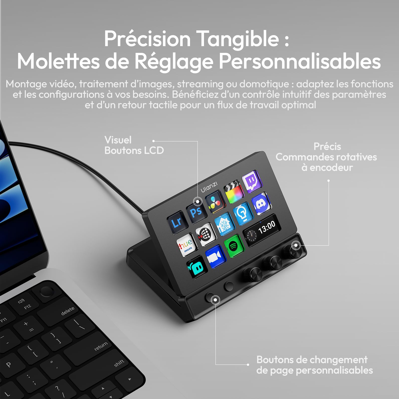 ULANZI D200X Stream Controller avec 14 Touches LCD Personnalisables, Clavier Macro Programmable à 3 Boutons Rotatifs, Deck Contrôleur avec 8-en-1 USB-C Hub 4K HDMI, YouTube, Twitch, Mac/PC