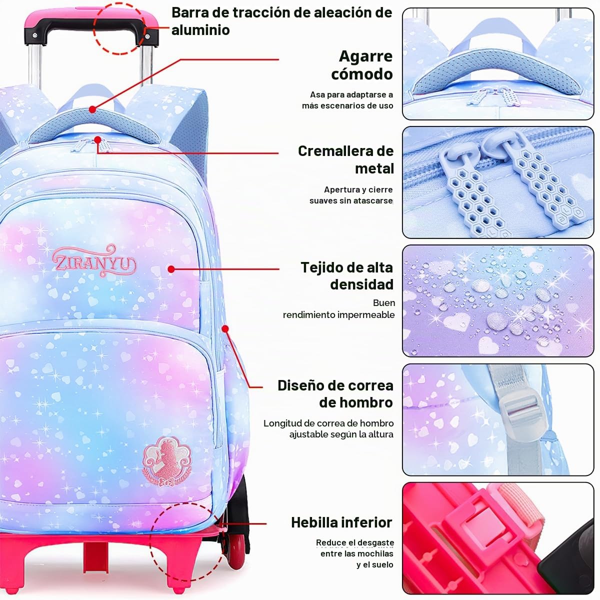 Mochila escolar con ruedas para niñas, con ruedas, 32 x 18 x 45 cm, Rucksack