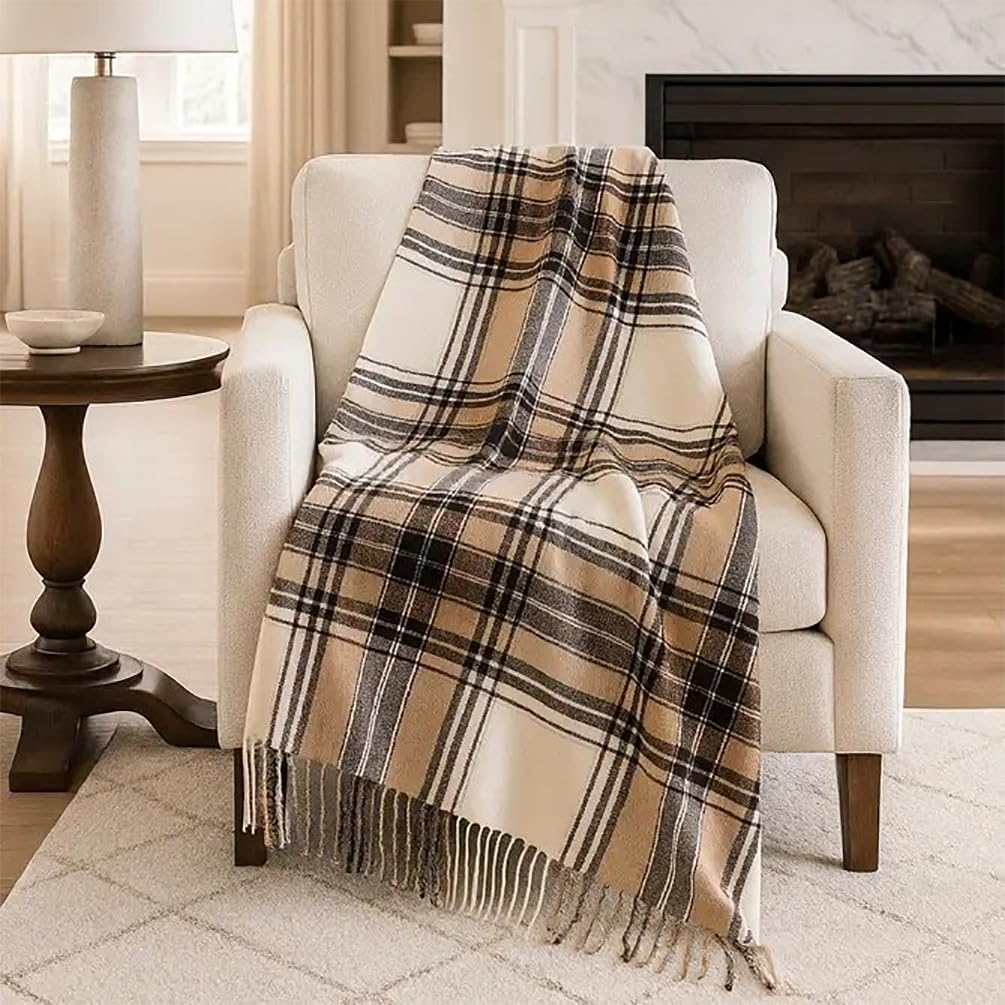 Fennco Styles Classic Plaid Pattern Fringe Throw Blanket 50" W x 60" L - Navy Blue Rustic Cozy Blanket for Home, Couch, Bedroom, Living Room, Office, and Holiday Décor