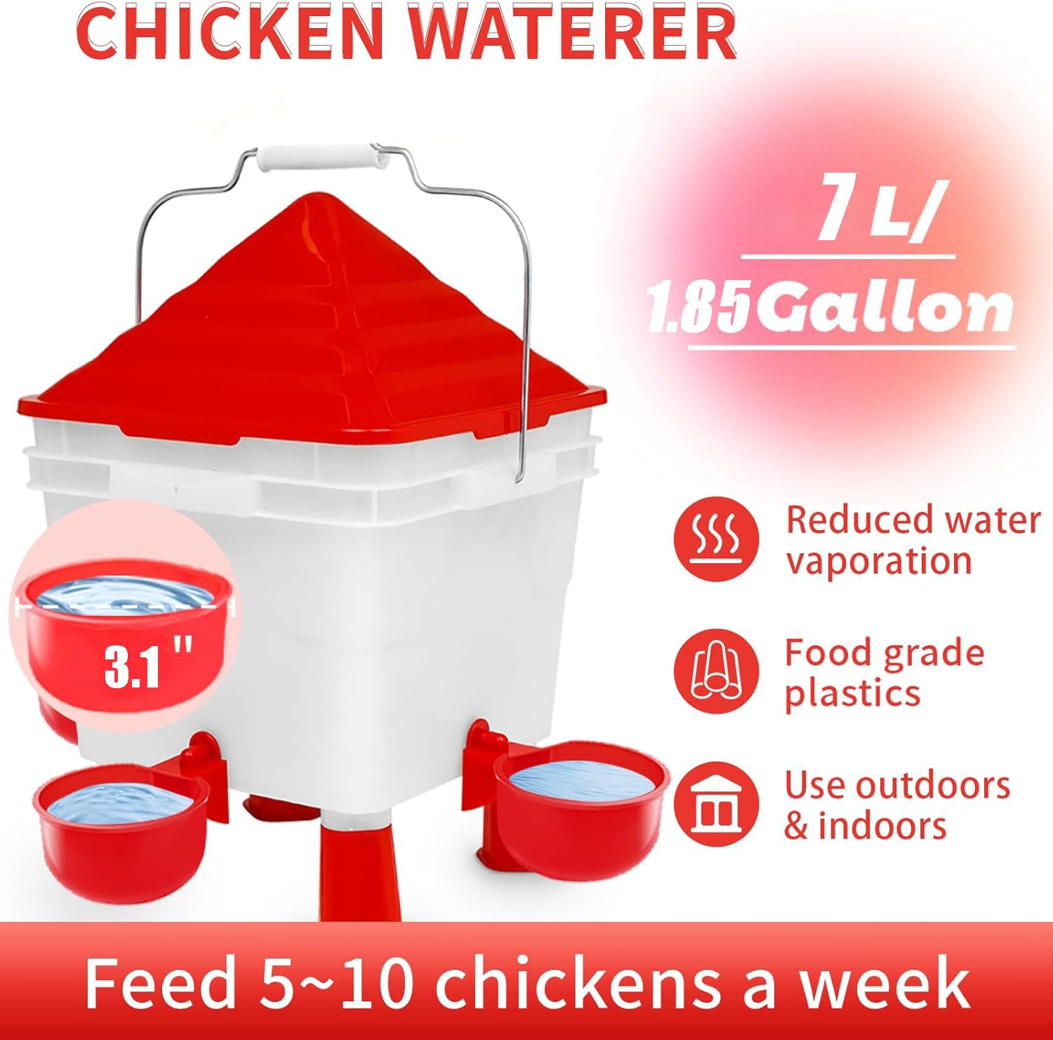Set de Bebedero y Comedero para Gallinas 8KG/7L, Bebedero Gallinas Automatico, Comedero Gallinas Antipajaros con 4 Aperturas 4 Tazas, con Pies Ajustables y Cadenas de Acero