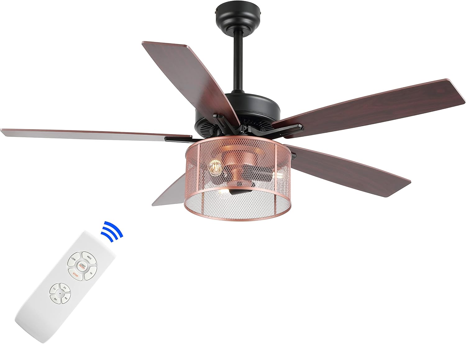 JONATHAN Y 52" Black/Red Cherry/Copper Max 3-Light Farmhouse Industrial Iron/Wood Mobile-App/Remote-Controlled LED Ceiling Fan, Metal Shade (JYL9721B)
