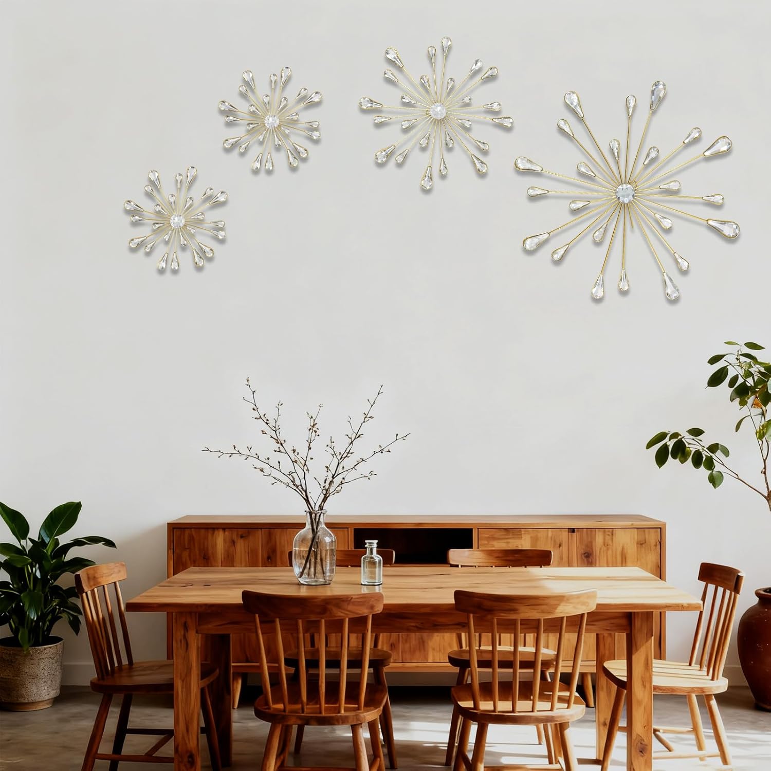 PEDOBALI 5 Pcs Starburst Wall Decor Radial Metal Artwork Gold Bling Wall Art Crystal Teardrop Modern Accent Sculptures Decorations 3D Hanging Rhinestone for Office Home Living Room Bedroom