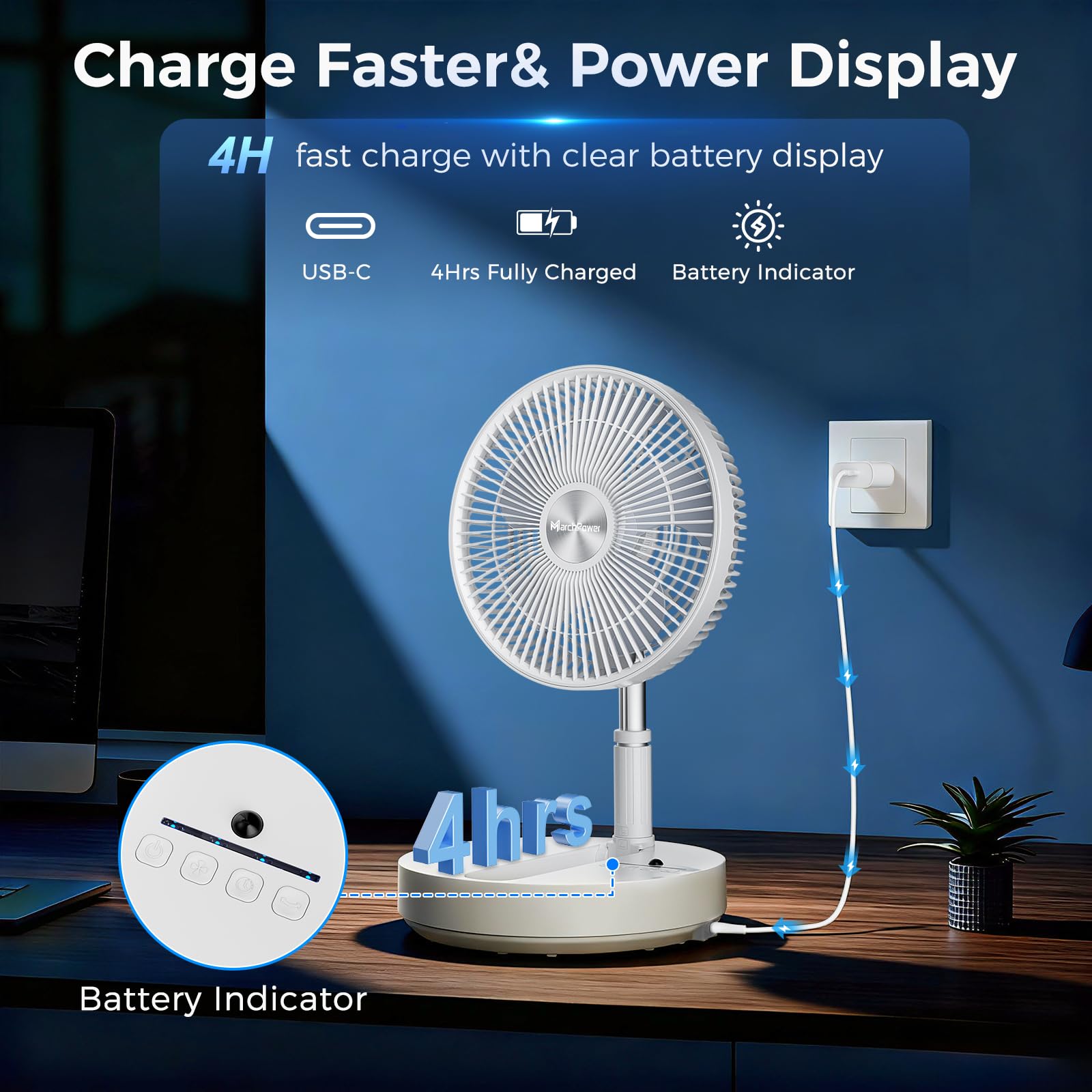 Marchpower leiser Standventilator mit Fernbedienung Timer klappbar Oszillation 4 Geschwindigkeitsstufen Akku höhenverstellbar 97cm