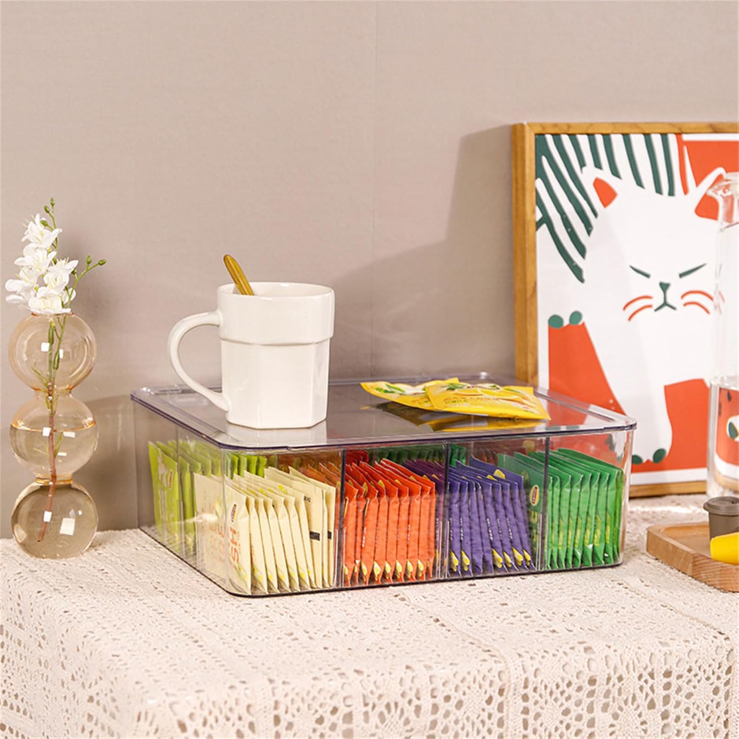Transparents Acrylic Teas Bag Holder Coffee Storage Box with Multiple Compartments for Home Use Candy Holder Elegant Teas Chest