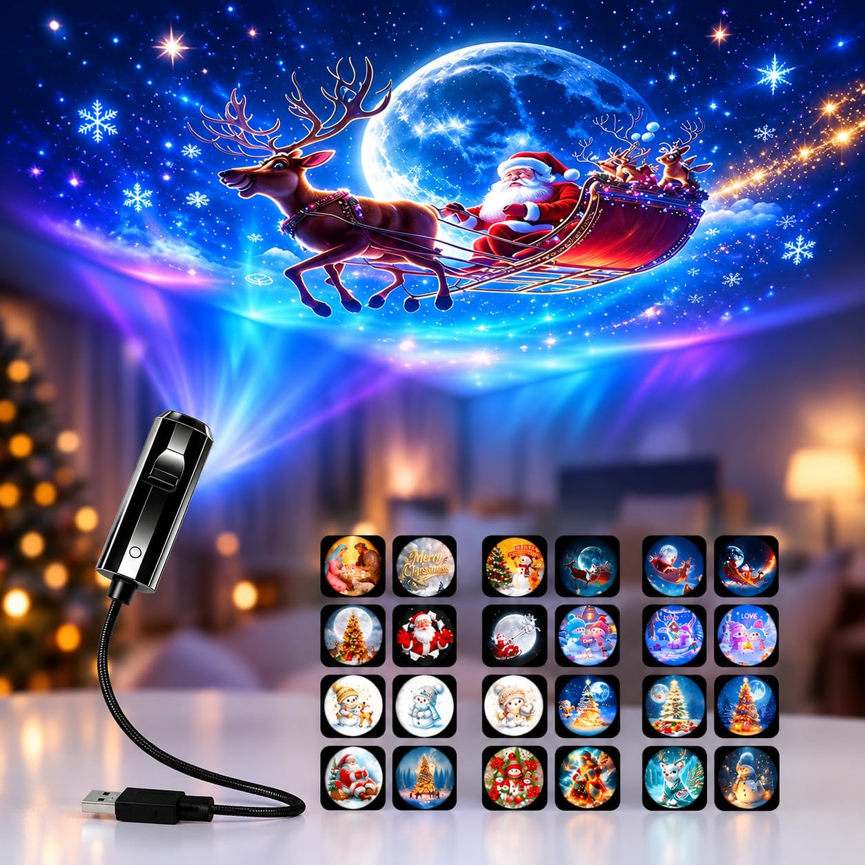 Christmas Lights Projector, Christmas Projector Indoor with 24 Christmas Projection Slides, 360° Adjustable USB Christmas Projector, HD Festive Scene Night Light for Bedroom, Living Room, Party