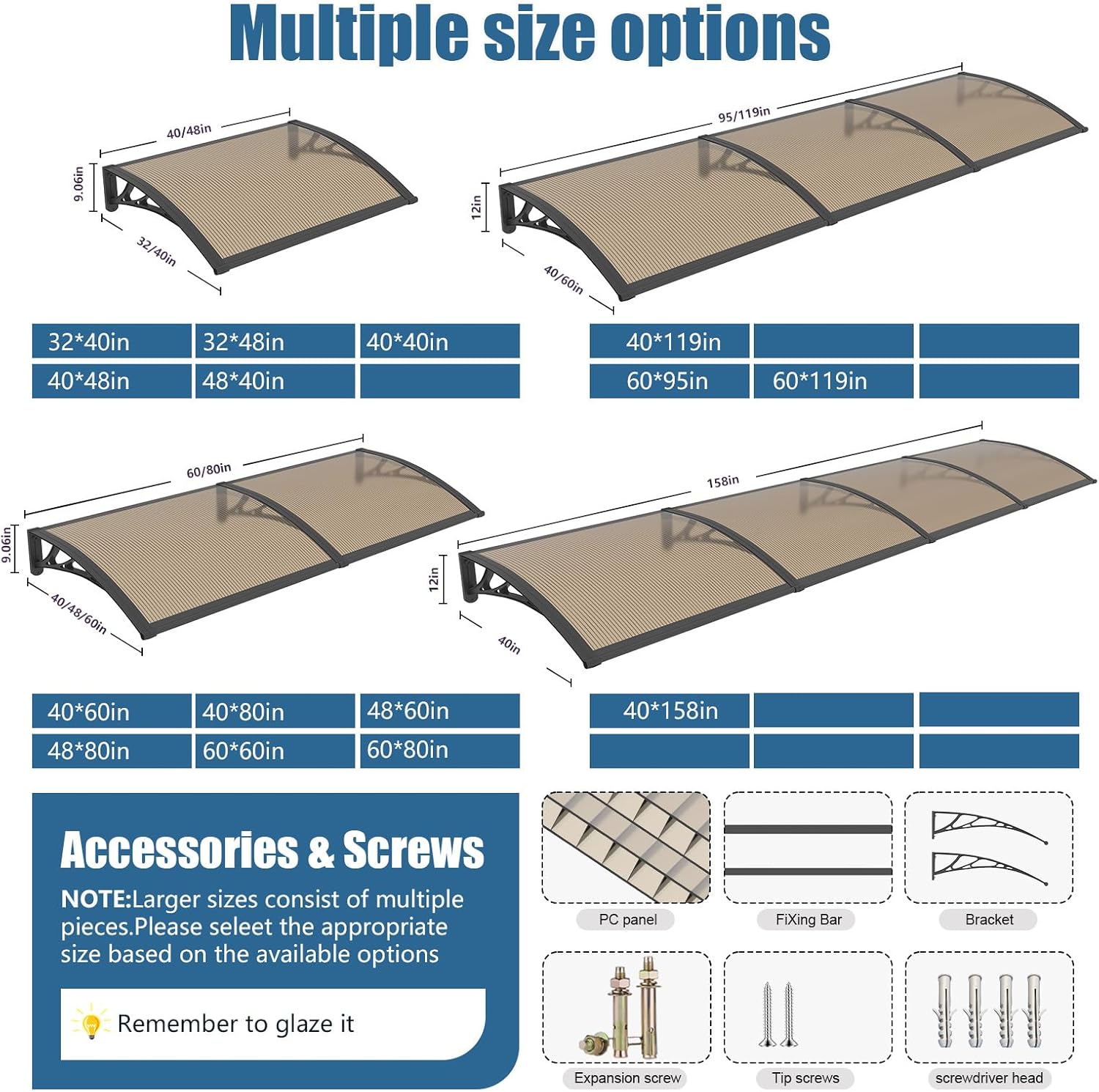 32x40'' Window and Door Awning Exterior, UV/Rain/Snow/Sunlight Protection Sheet,UPF 50+ Polycarbonate Overhang Canopy,House Overdoor Awnings for Door Entrance Outside/Patio/Porch/Deck