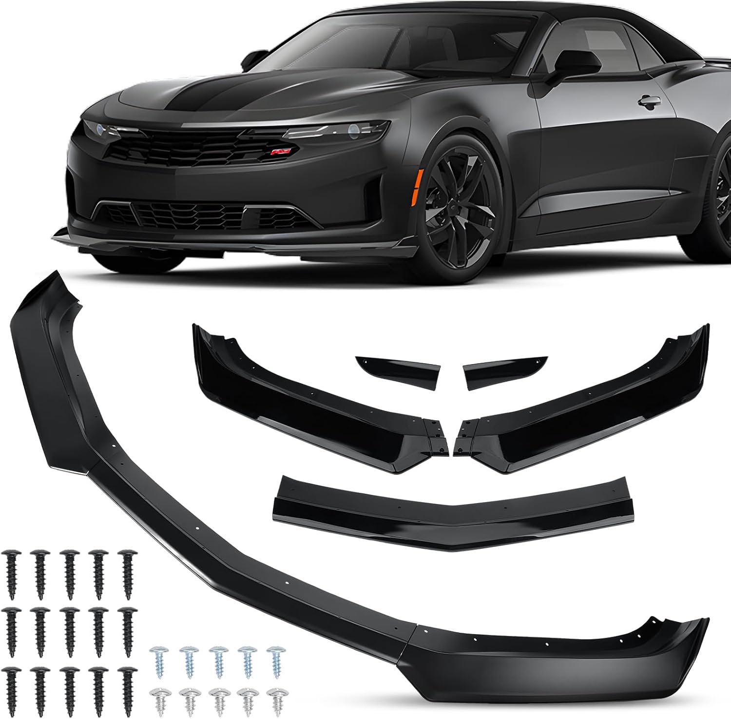 5Pcs Front Bumper Lip Splitter Spoiler Compatible with 2016-2024 Chevy Camaro SS/ 2019-2024 LT LS RS, Air Chin Body Kit Accessories (Gloss Black)
