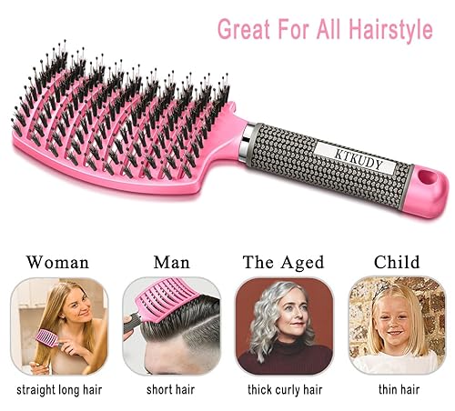 Miniatura 5 de KTKUDY Cepillo desenredante con cerdas de jabalí que hace que el cabello sea brillante y saludable, cepillo desenredante curvado y ventilado para