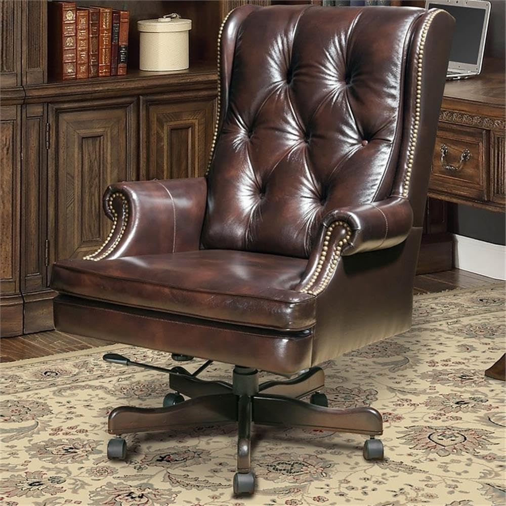 Pemberly Row 49" Transitional Leather Swivel Desk Chair, Brown Top Grain Leather, Adjustable Seat Height, 5-Star Steel Base with Wood Caps, Double Wheel Casters, Ergonomic Office Chair