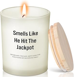 Funny Engagement Gift for Bride to Be Engaged Lavender Scent Candle Soy Wax Smells Like He Hit The Jackpot Proposal Bride Candle Gifts for Birthday Bridal Shower Party