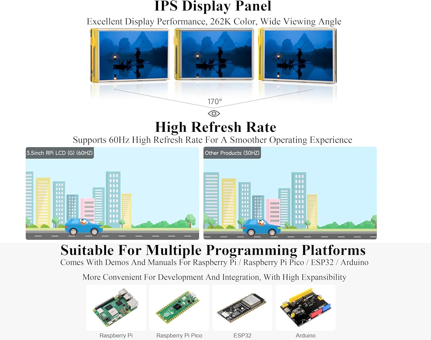 3.5inch Resistive Touch Display Compatible with Pi 5/4B/3B+/3B/Pico W/Pico 2W/ ESP32, IPS LCD Screen, 320×480 Resolution, 262K Color, Pigo Pin Header and GH1.25 11PIN Cable Two Connection Ways