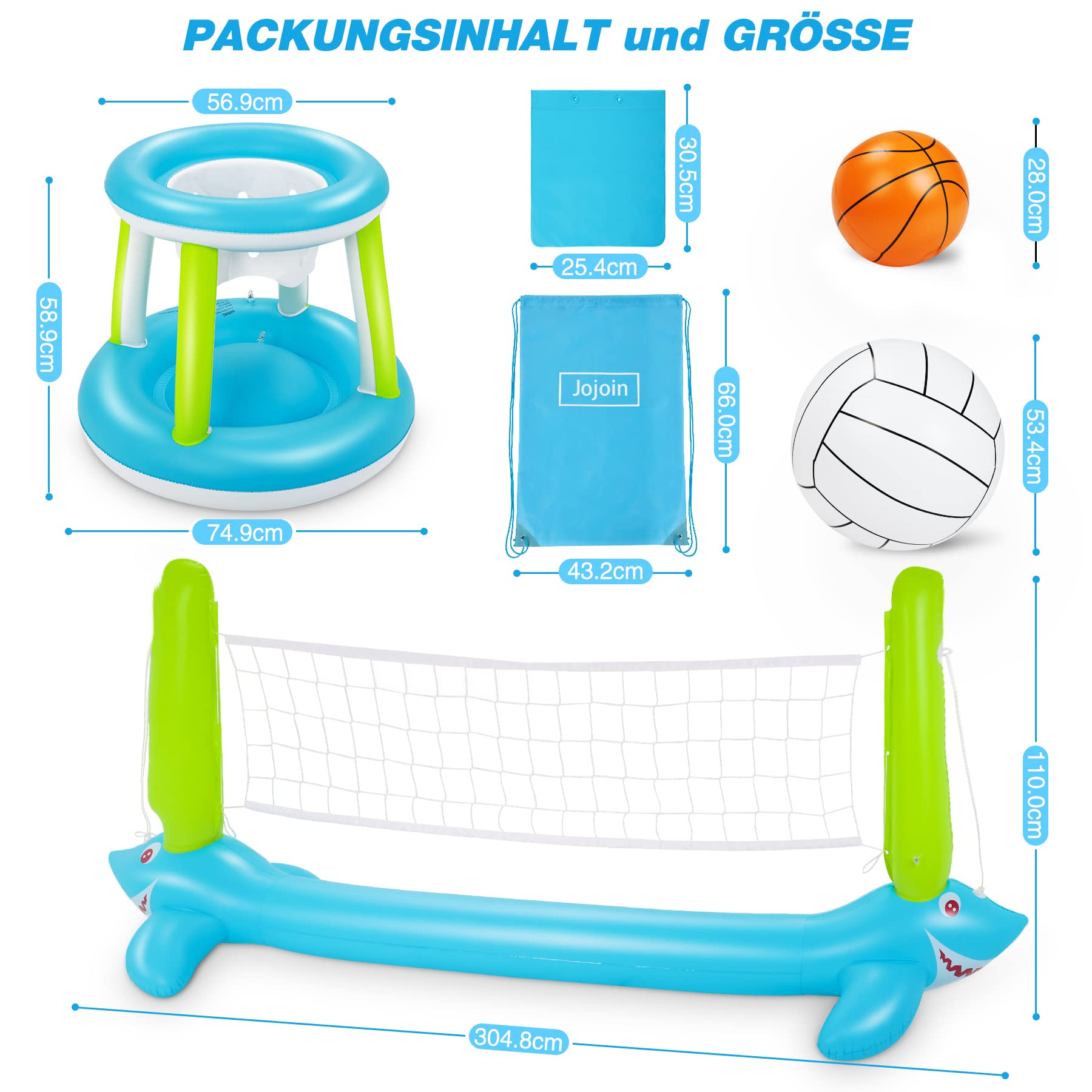 Pool Volleyball Game - 304 Zentimeter Aufblasbare Pool Float Set mit Volleyballnetz und Basketballkörben- Pool Volleyball Spiel für Kinder und Erwachsene (304 x 110 Zentimeter)