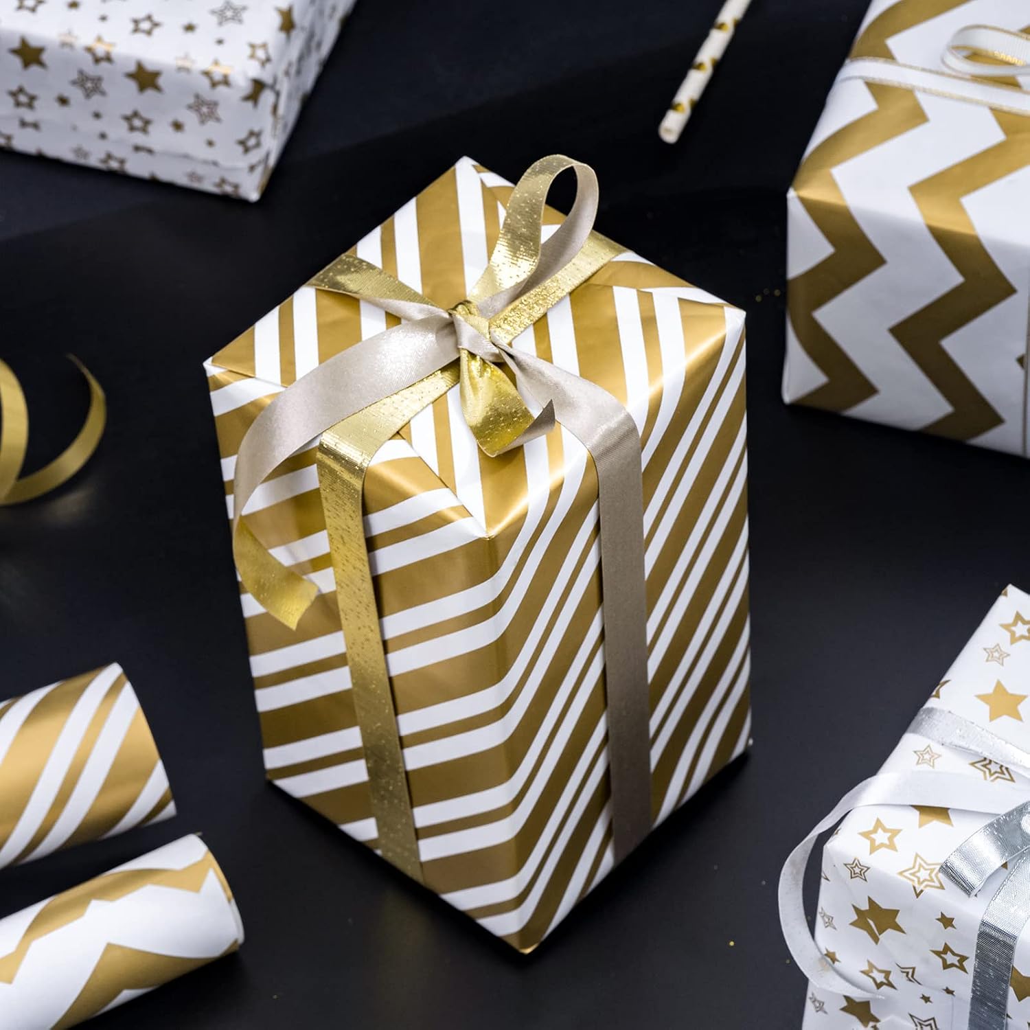 MAYPLUSS Wrapping Paper Roll - Mini Roll - 17 inch X 120 inch Per roll - 3 Different Gold Print Design (42.3 sq.ft.ttl)