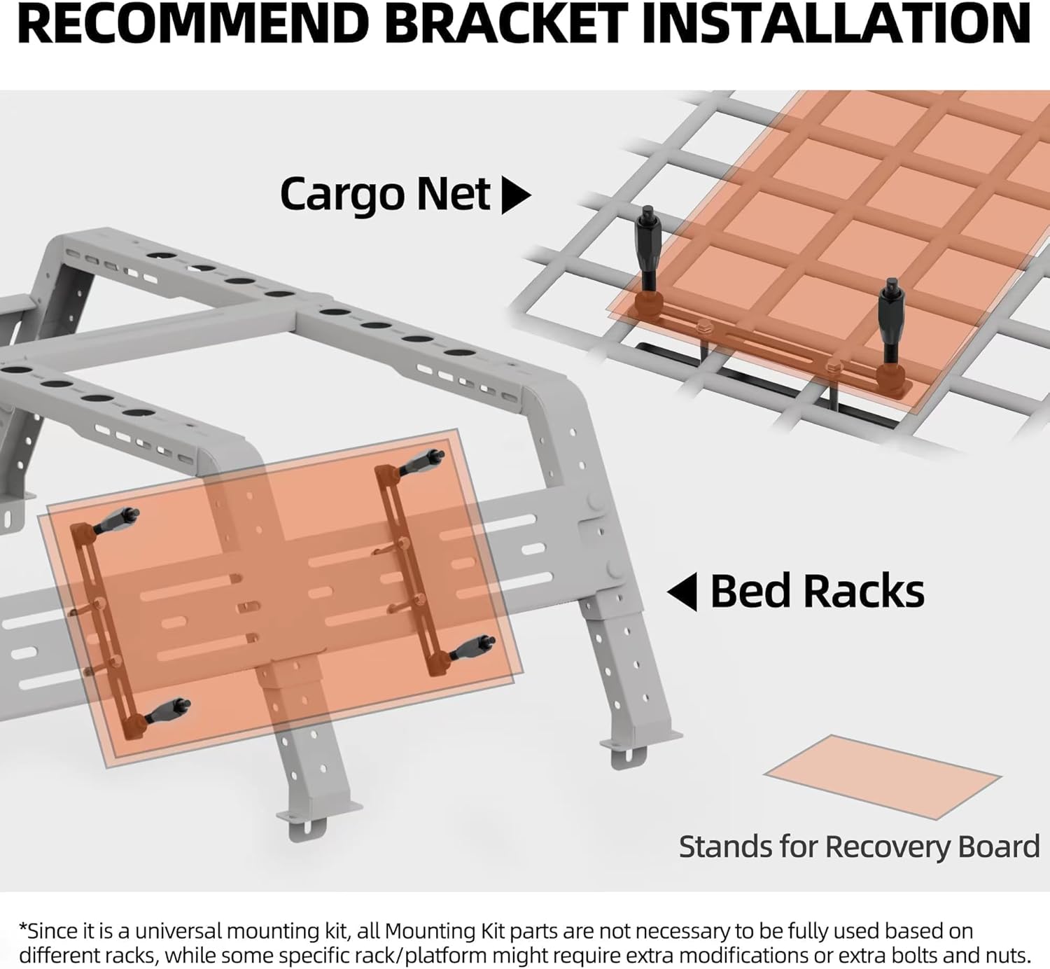 ALL-TOP Recovery Board Mount Kit, Universal Bracket for Traction Tracks, Adjustable DIY Lockable Pin Set for Roof Rack, Crossbar & Cargo Basket