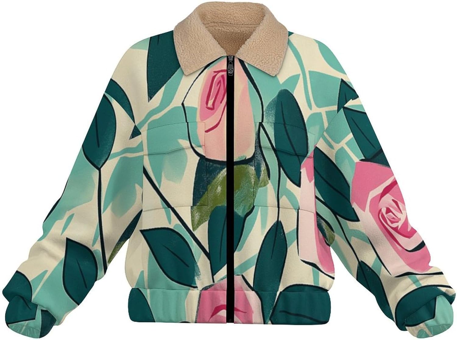 Women Winter Sherpa Lined Fleece Jacket, Long Sleeve Zip Up Rose leaves Cropped Coats Warm Soft Polar Outwear