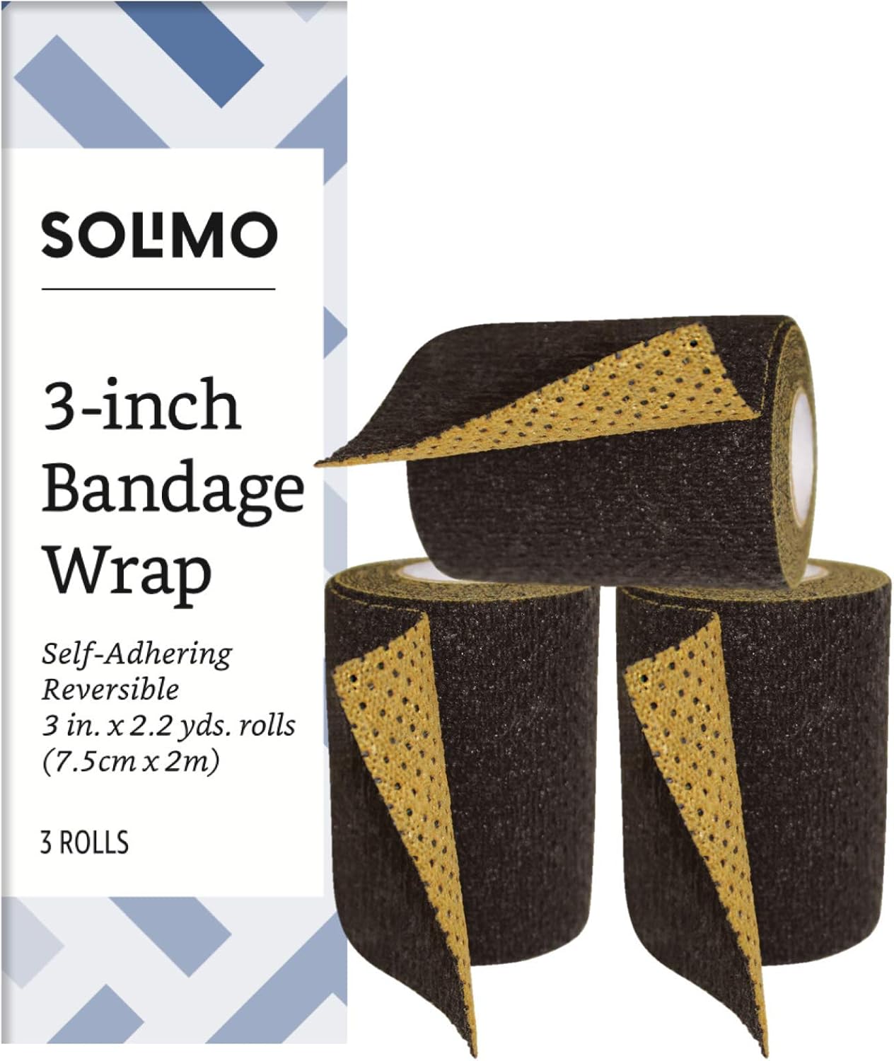 Amazon Brand - Solimo Reversible Black/Gold Self-Adhering Bandage, 3" x 5' Roll, 3 Inch, 3 count (Pack of 1)