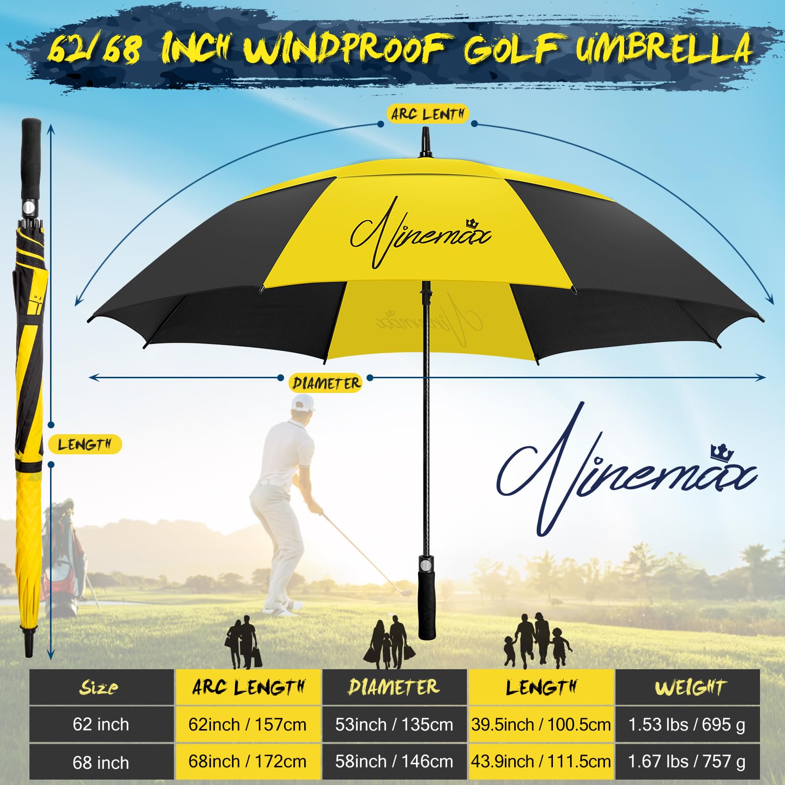 NINEMAX Parapluie De Golf Solide 62/68 Inch Parapluie De Golf Grande Taille Automatique Ouverture Parapluie Grand Résistant au Vent pour Homme Femme