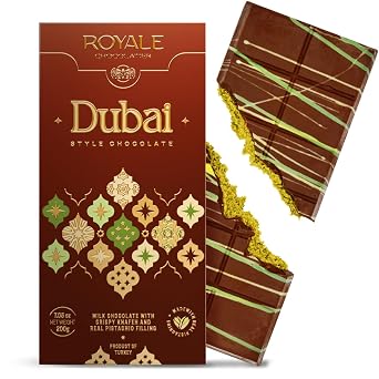 Royale Chocolatier Large Dubai Chocolate Bar 200 gr|Grade-A Pistachio and Knafeh | Gooey Filling | Coverture Cocoa Butter | White Chocolate Drizzle | No Preservatives or Artificial Coloring