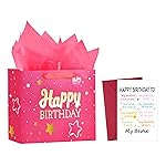 Powbrace 13 Pink Happy Birthday Gift Bag with Tissue Paper and Greeting Card for Party,Happy Birthday Gift Bag for Women Bestie, Gift Bags Medium size(1 PCS Pink, Attach Bestie Cards)