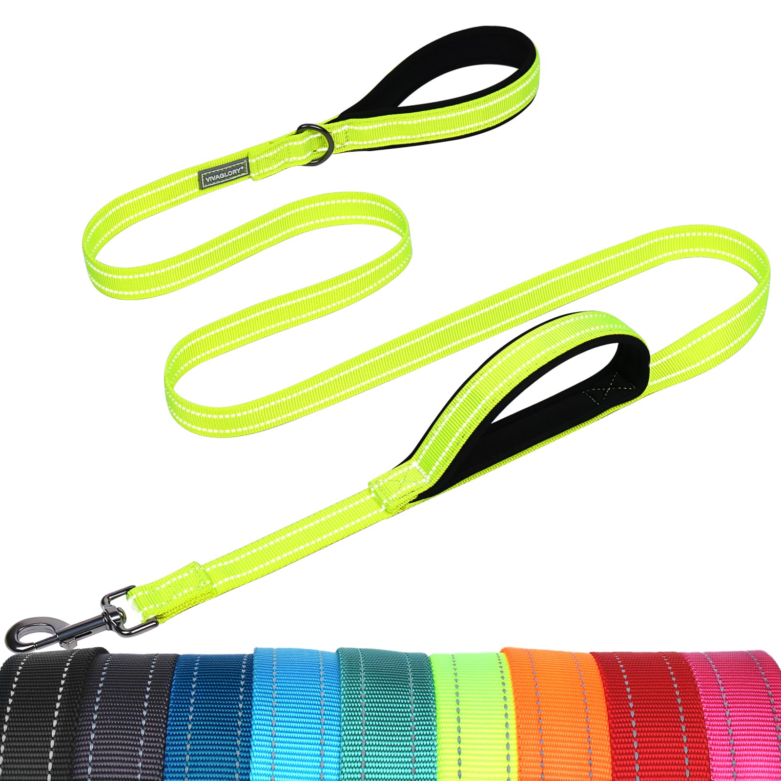 VIVAGLORY Twingrip Führleine Hund, Leine Hund Hausleine Joggingleine, Hundeleine mit 2 Griffen Doppelgriff, Gepolstert Neopren & Reflektierend