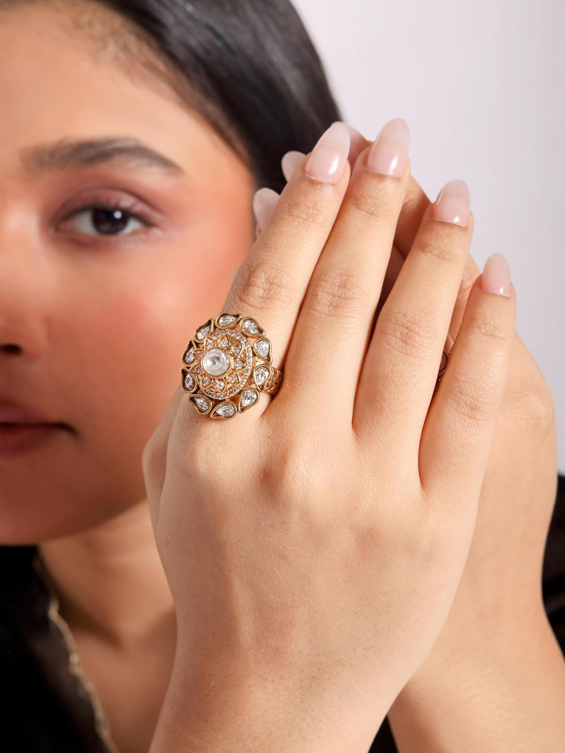 Namami Adjustable Cocktail Rings for Women | Gold Polished Pure Brass Rings with Cubic Zirconia | Statement Party Rings