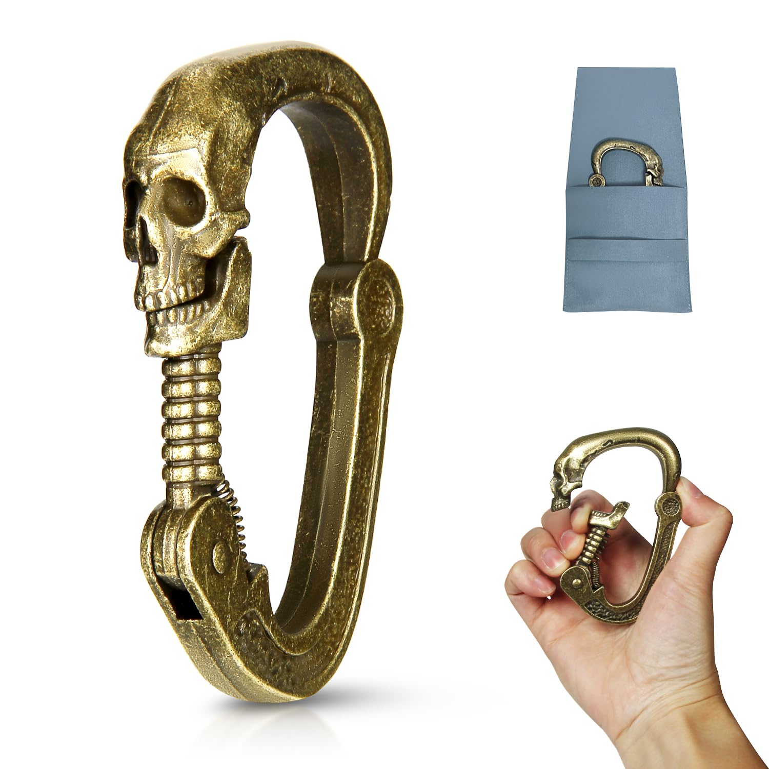 Novel Skull Carabiner with Articulated Cervical Column Clasp, Stainless Steel Heavy Duty Skull Keychain, Versatile Cool Punk Skull Carabiner for DIY Accessories, Camping, Hiking, Keychains, etc.
