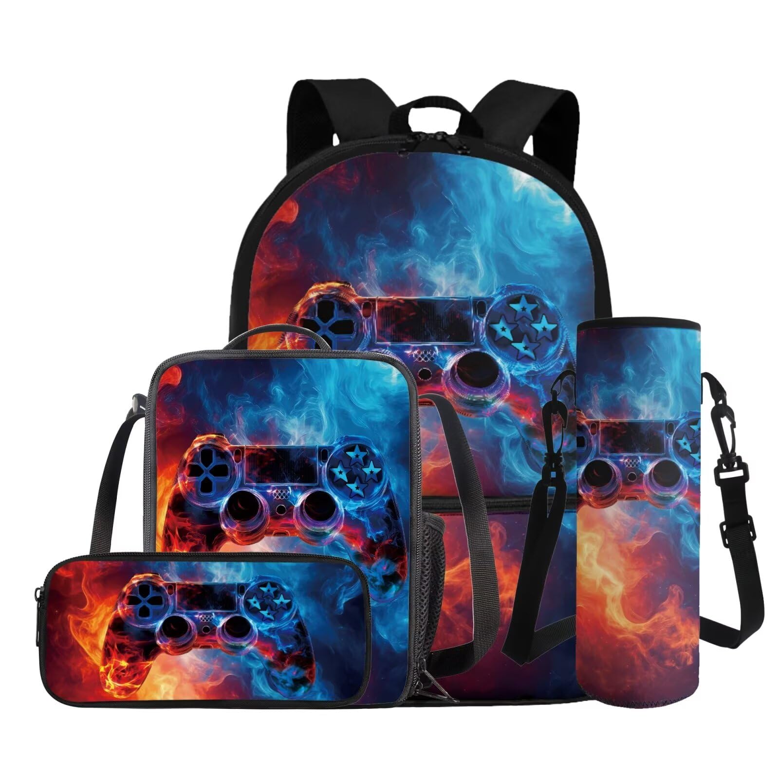 Dolyues Zaino per console di gioco retrò per ragazzi con contenitore per il pranzo e copertura per bottiglia d'acqua, set da 4 pezzi, età 10-12 6-8