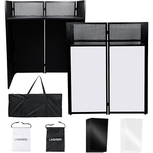 Foldable DJ Booth Table Station 44"x 40"x20", Foldable DJ facade with built-in detachable 20x40 table, including black/white elastic fabric, electric cable holes, and handbag