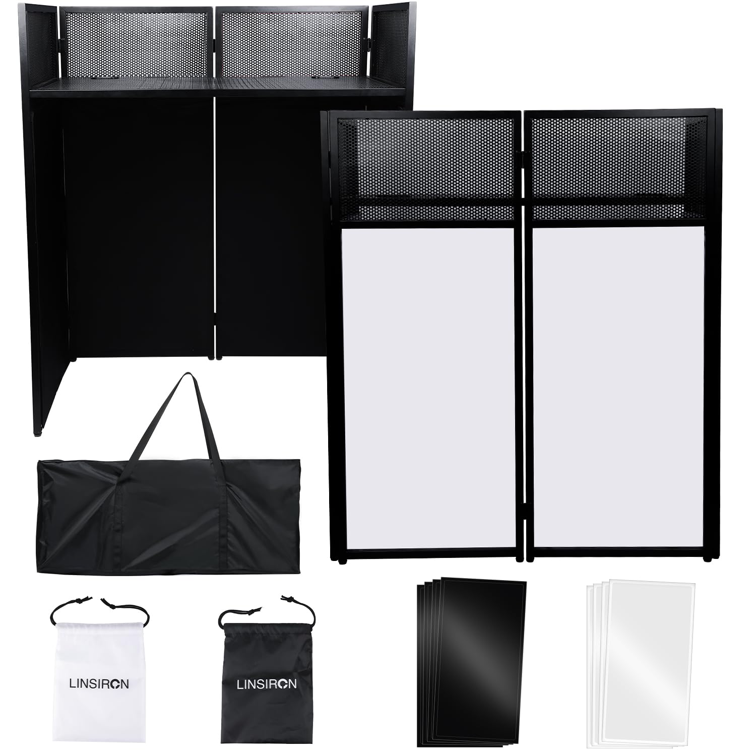 Foldable DJ Booth Table Station 44"x 40"x20", Foldable DJ facade with built-in detachable 20x40 table, including black/white elastic fabric, electric cable holes, and handbag